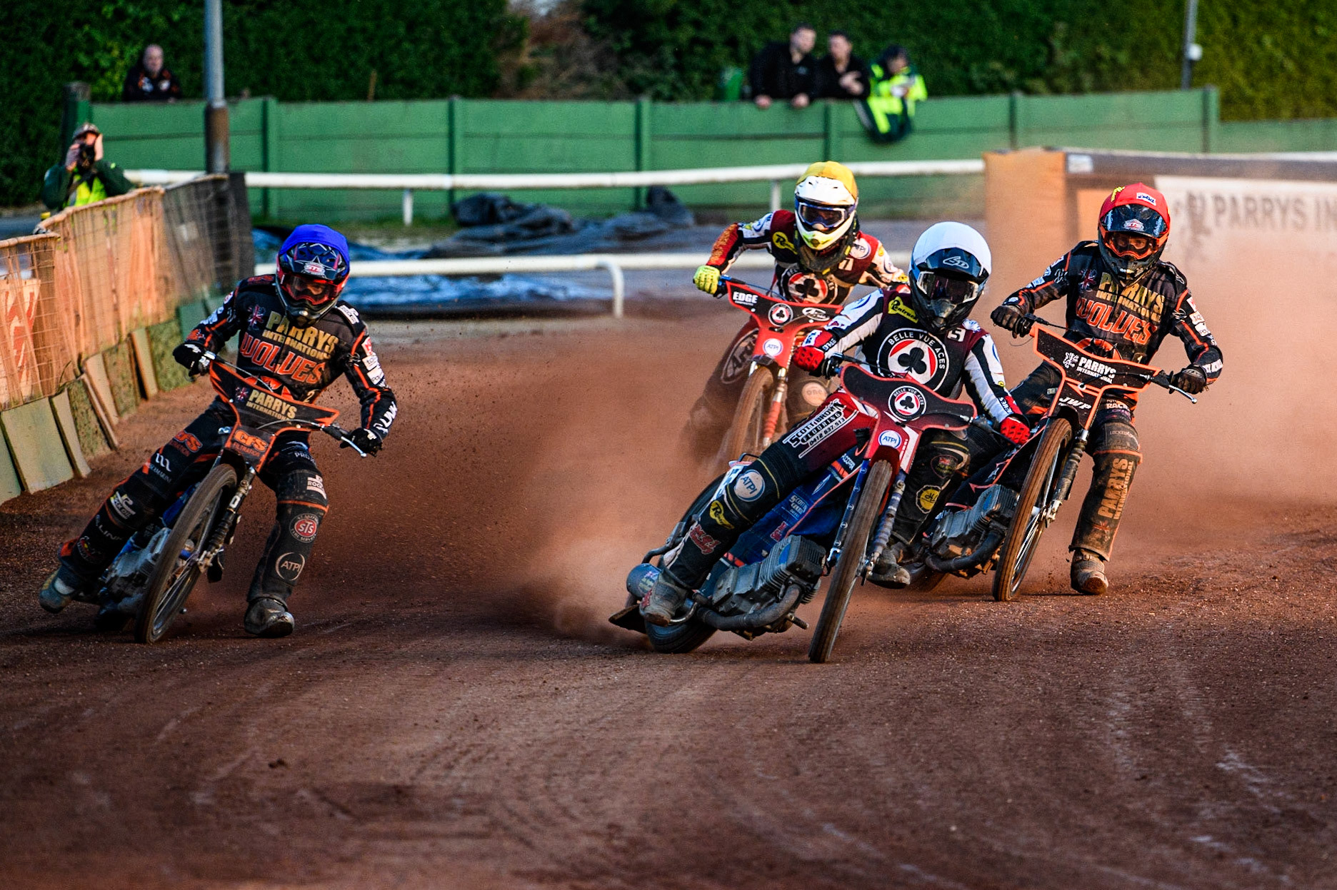 Brady Kurtz (White) leads Sam Masters (Red) and Steve Worrall (Blue) with Jake Mulford (Yellow) behind during the Sports Insure Premiership match between Wolverhampton Wolves and Belle Vue Aces at Monmore Green Stadium, Wolverhampton on Monday 29th May 2023. (Photo: Ian Charles | MI News)