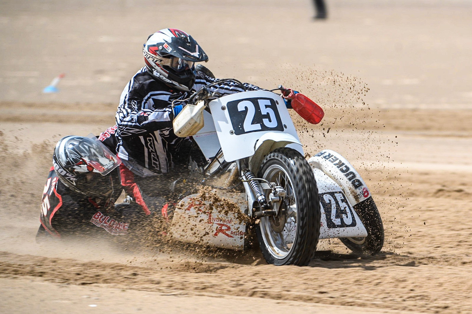 Colin Blackbourn &amp; Carl Pugh (25) in action  during the Fylde ACU British Sand Racing Masters Championship at  St Annes on Sea, Lancashire on Sunday 30th July 2023. (Photo: Ian Charles | MI News)