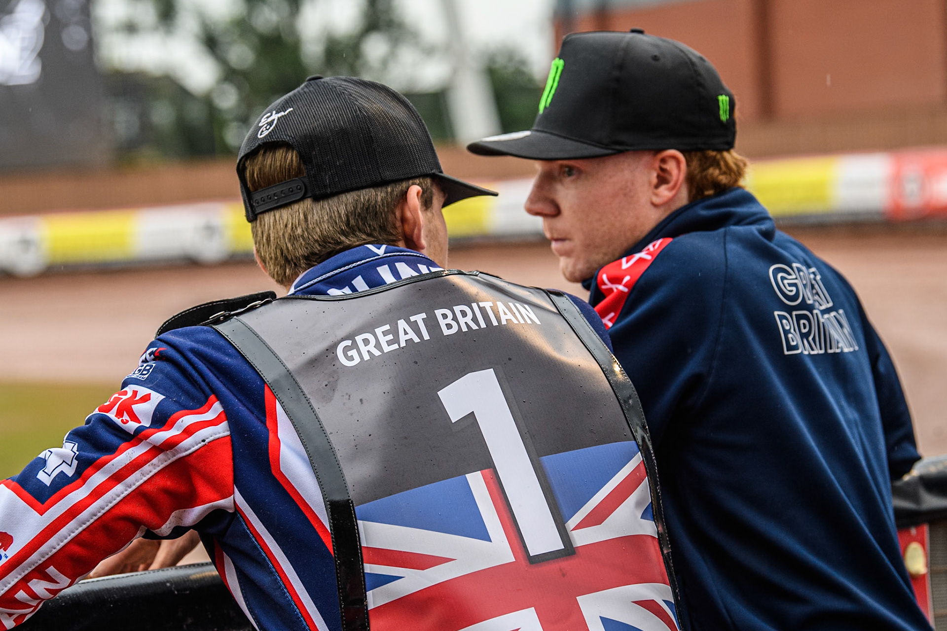 Leon Flint of Great Britain (Left) chats with Dan Bewley during the Monster Energy FIM Speedway of Nations 2 (Under 21) Final at the National Speedway Stadium, Manchester on Friday 12th July 2024. (Photo: Ian Charles | MI News)