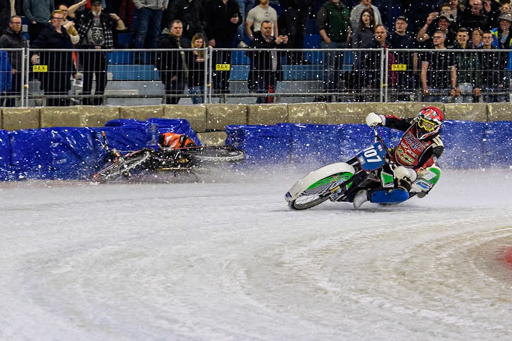 Reserve  Sweden's Filip Jäger (17) slides off into the bales during the FIM Ice Speedway Gladiators World Championship Final 3 at Ice Rink Thialf, Heerenveen on Saturday 6th April 2024. (Photo: Ian Charles | MI News)