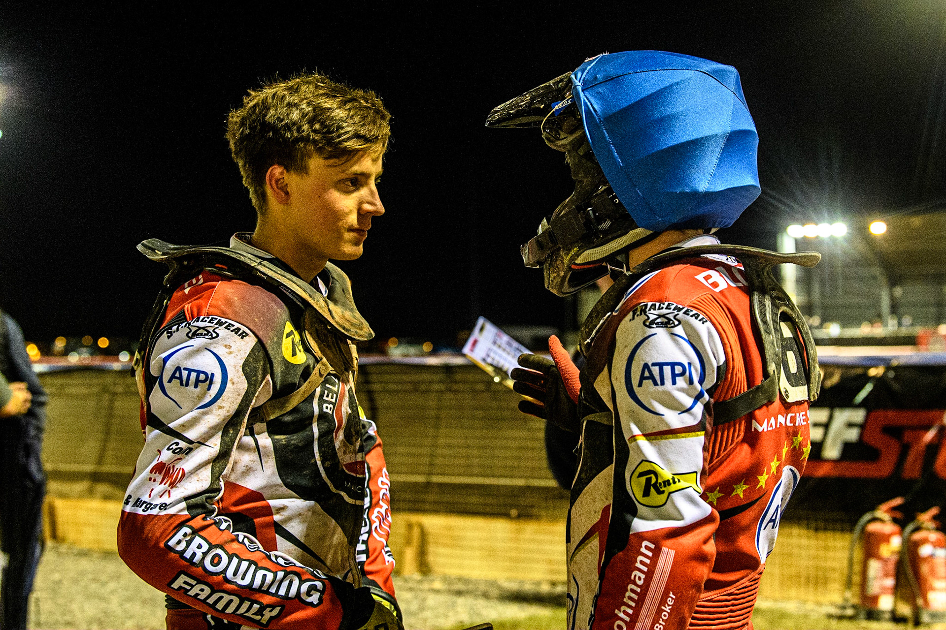 Connor Bailey (Left)  chats with team mate Norick Blodorn during the Sports Insure Premiership Semi Final Playoff 2nd leg match between Belle Vue Aces and Ipswich Witches at the National Speedway Stadium, Manchester on Monday 25th September 2023. (Photo: Ian Charles | MI News)