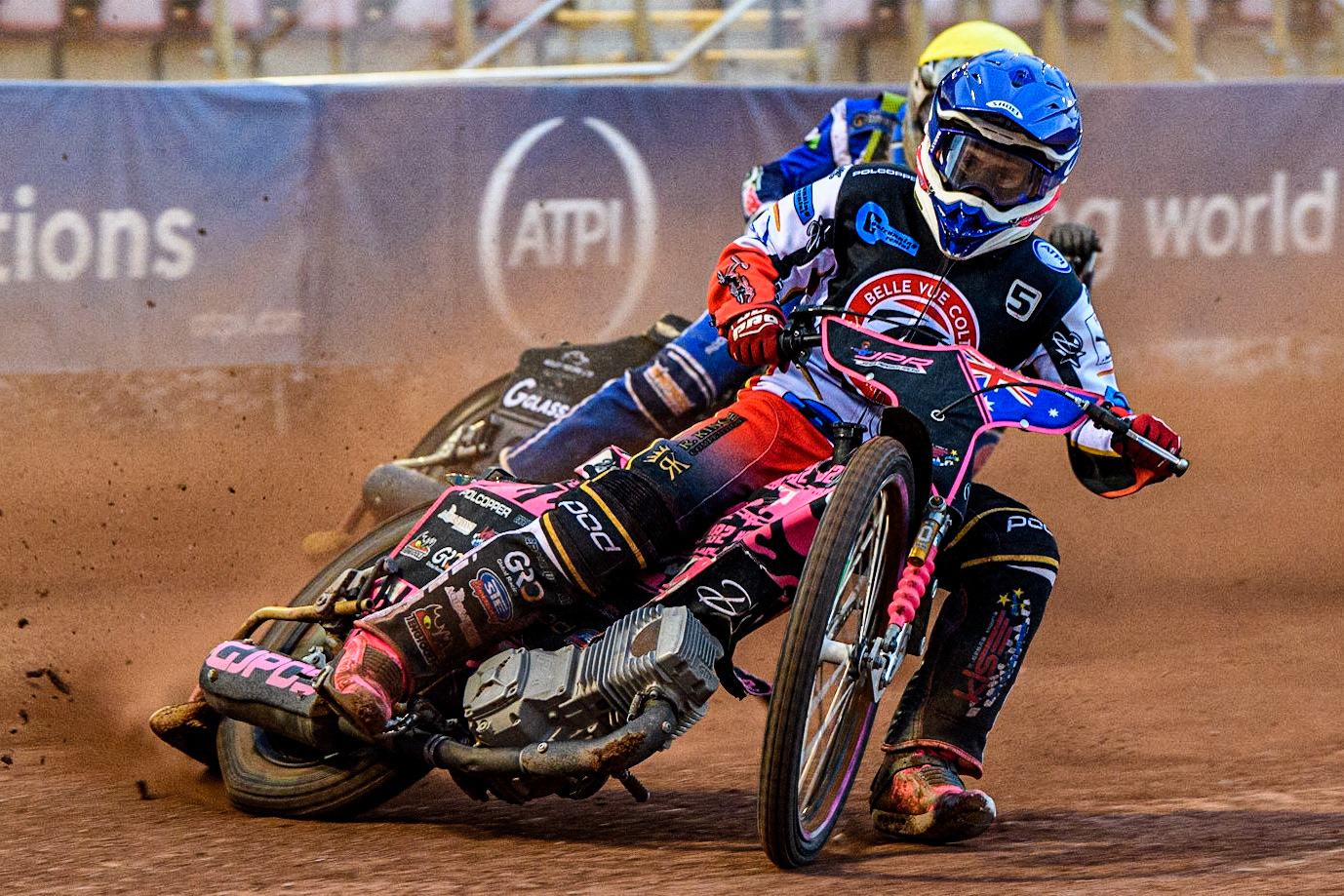 James Pearson (Blue) leads Sam McGurk (Yellow) during the National Development League match between Belle Vue Colts and Mildenhall Fens Tigers at the National Speedway Stadium, Manchester on Friday 26th May 2023. (Photo: Ian Charles | MI News)