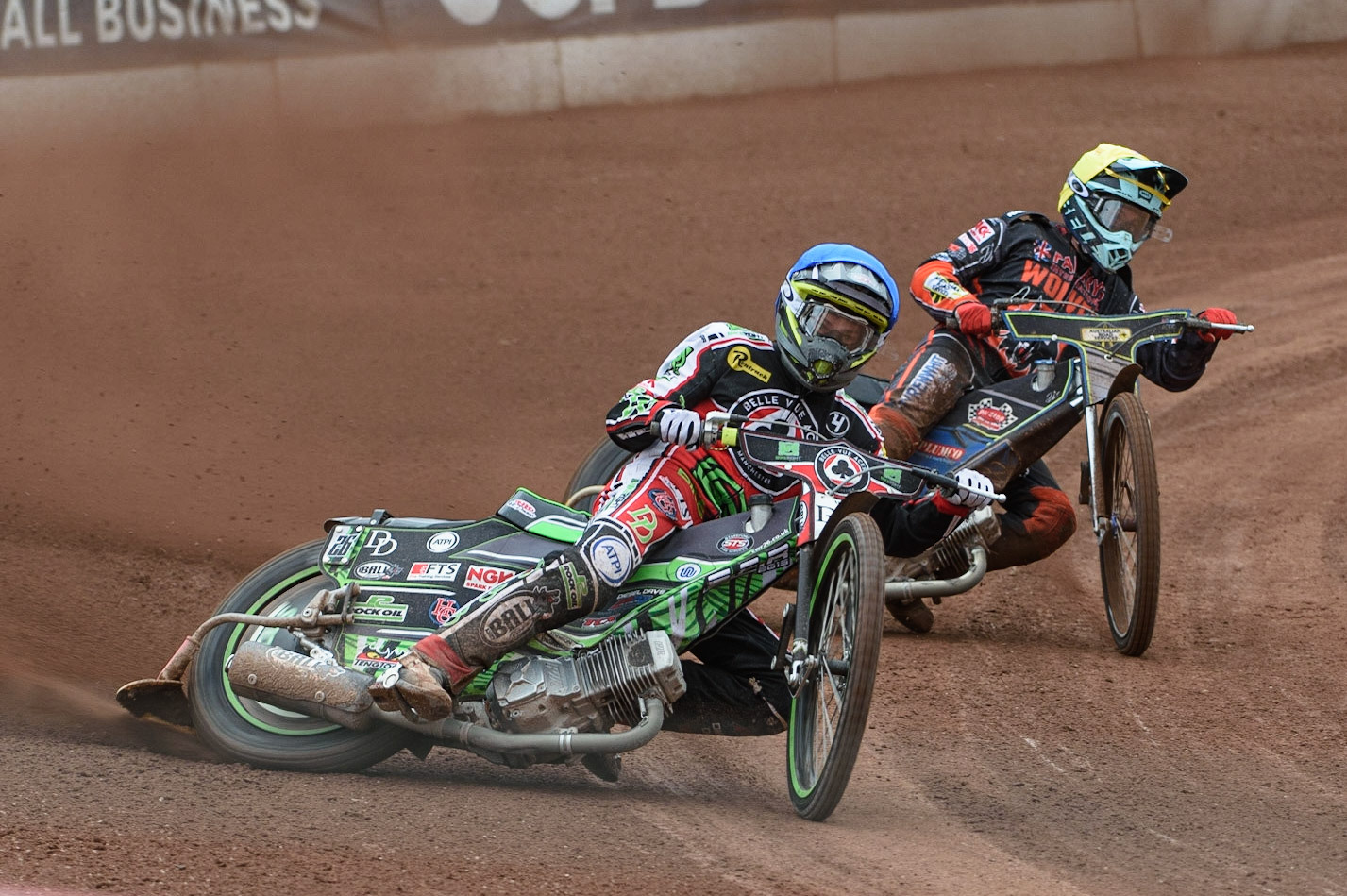 MANCHESTER, UK. AUGUST 30TH Charles Wright  (Blue) leads Ryan Douglas  (Yellow) during the SGB Premiership match between Belle Vue Aces and Wolverhampton Wolves at the National Speedway Stadium, Manchester on Monday 30th August 2021. (Credit: Ian Charles | MI News)