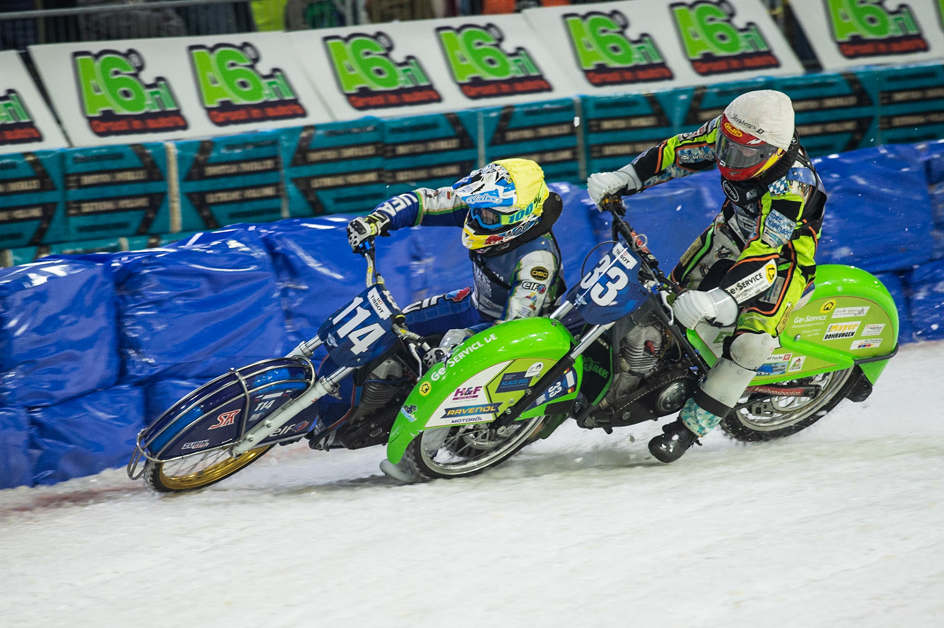 Photo: Ian Charles

Johann Weber (33) and Dinar Valeev (114) lock together and crash out 

FIM Ice Speedway Gladiators World Championship, Event 5.1, Ice Rink Thialf, Heerenveen, Netherlands Saturday  30  March  2019