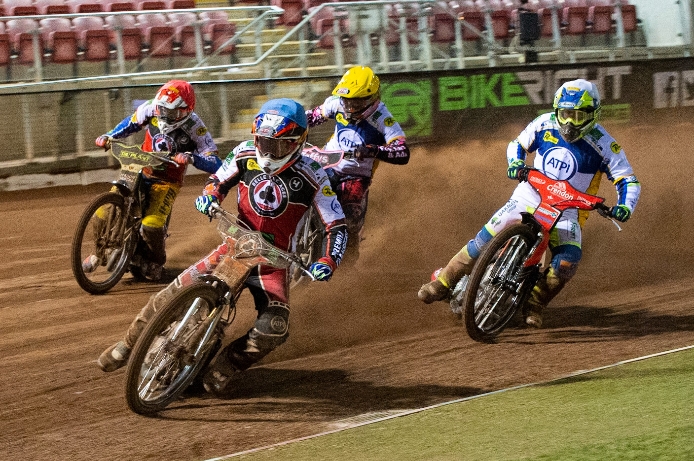 Photo: Ian CharlesSteve Worrall of the  Belle Vue 'BikeRight' Aces  (Blue) leads Chris Harris of the 'ATPI' All Stars (White), Leon Flint of the 'ATPI' All Stars (Yellow) and Jason Crump of Belle Vue 'BikeRight' Aces  (Red) into the first turnBelle Vue ‘Bikerite ’Aces v ‘ATPI’ All Stars, Premiership Challenge, National Speedway Stadium, Manchester Thursday  24  September  2020