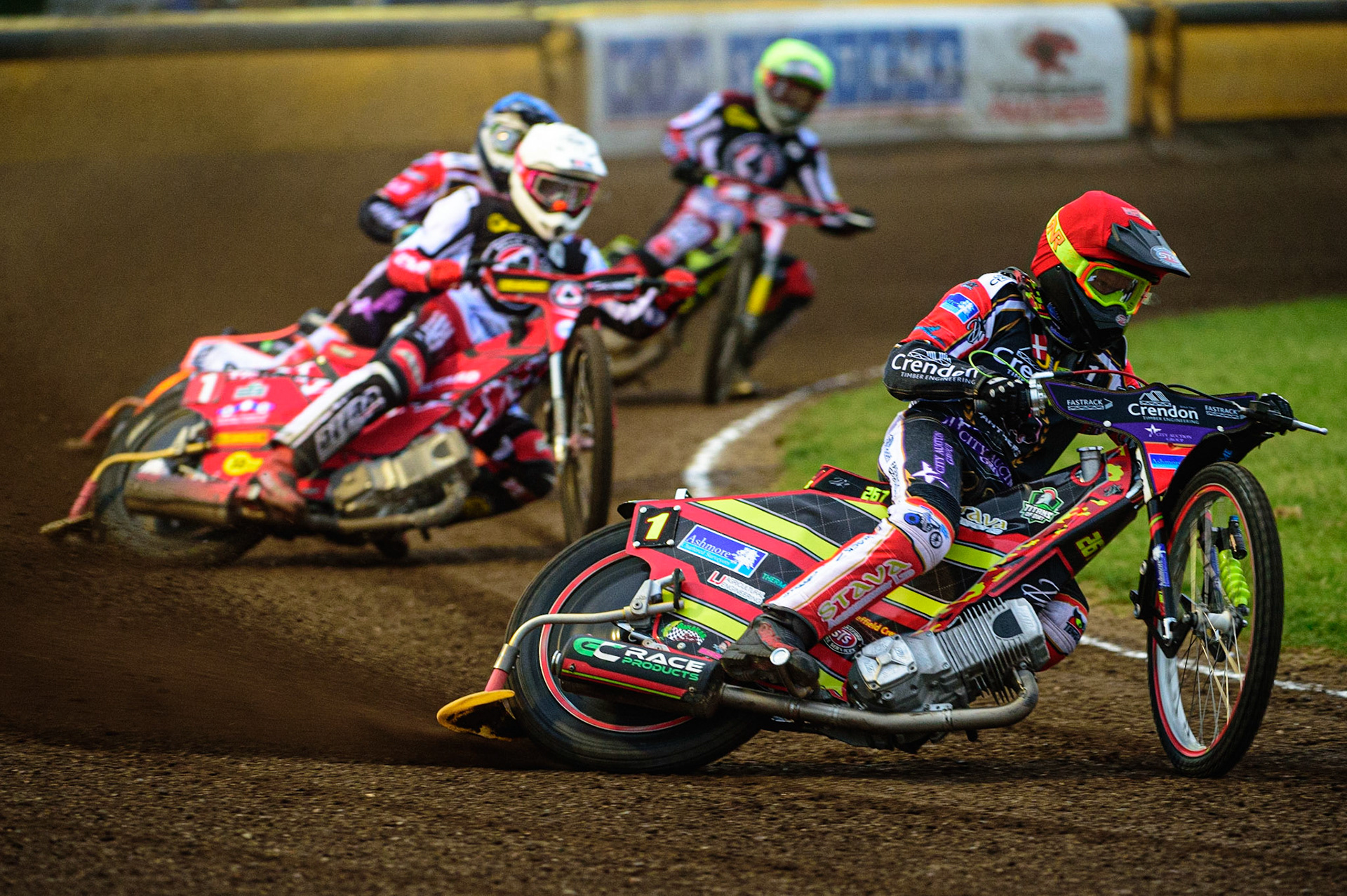 PETERBOROUGH, UK. MAY 9TH Michael Palm Toft  (Red) leads Max Fricke  (White) Scott Nicholls  (Blue) and Jye Etheridge  (Yellow)  during the SGB Premiership match between Peterborough Panthers and Belle Vue Aces at East of England Showground, Peterborough on Monday 9th May 2022. (Credit: Ian Charles | MI News)