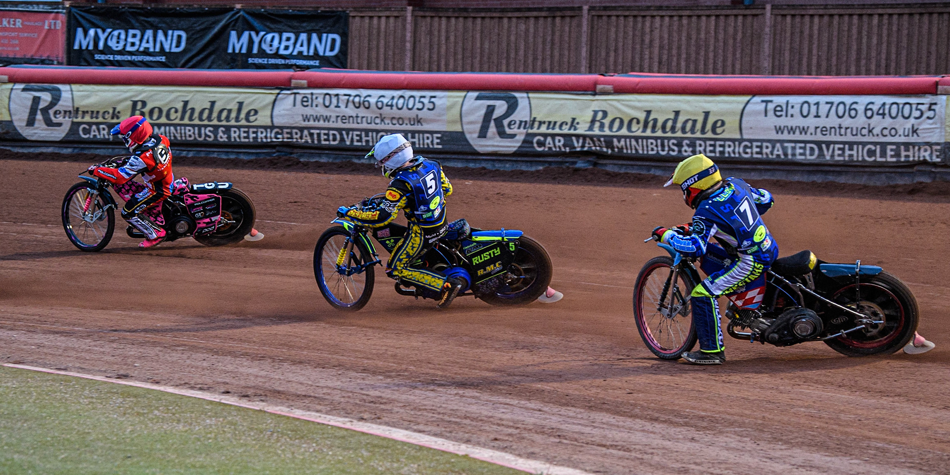 Jacob Fellows  (Yellow) chases Ryan Kinsley  (White) and James Pearson  (Red) during the National Development League match between Belle Vue Colts and Oxford Chargers at the National Speedway Stadium, Manchester on Friday 12th May 2023. (Photo: Ian Charles | MI News)