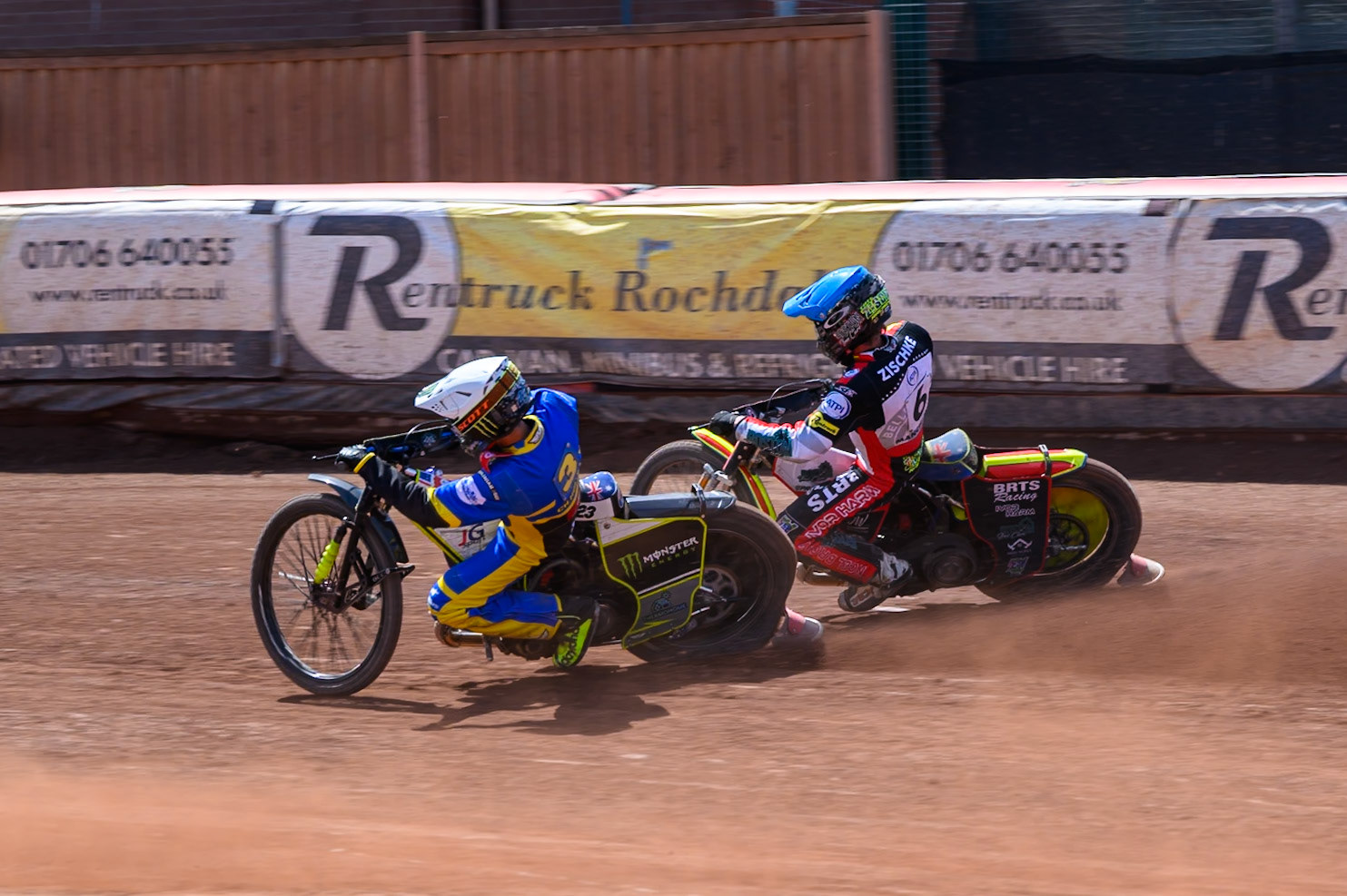 Chris Holder of Sheffield Tigers in White rides inside Tate Zischke of Belle Vue Aces in Blue during the Rowe Motor Oil Premiership match between Belle Vue Aces and Sheffield Tigers at the National Speedway Stadium, Manchester on Monday 25th May 2026. (Photo: Ian Charles | MI News)
