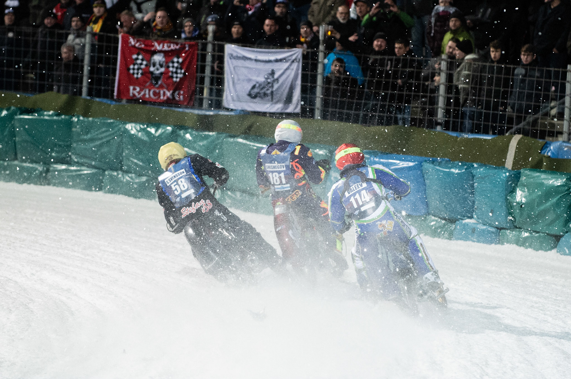 Photo: Ian Charles

Stefan Svensson (58) hits a rut inside Andrei Shishegov (181) and Dinar Valeev (114) causing Shishegov to fall

FIM Ice Speedway Gladiators World Championship, Final 3.1, Horst-Dohm Eisstadion, Berlin, Germany Saturday  2  March  2019