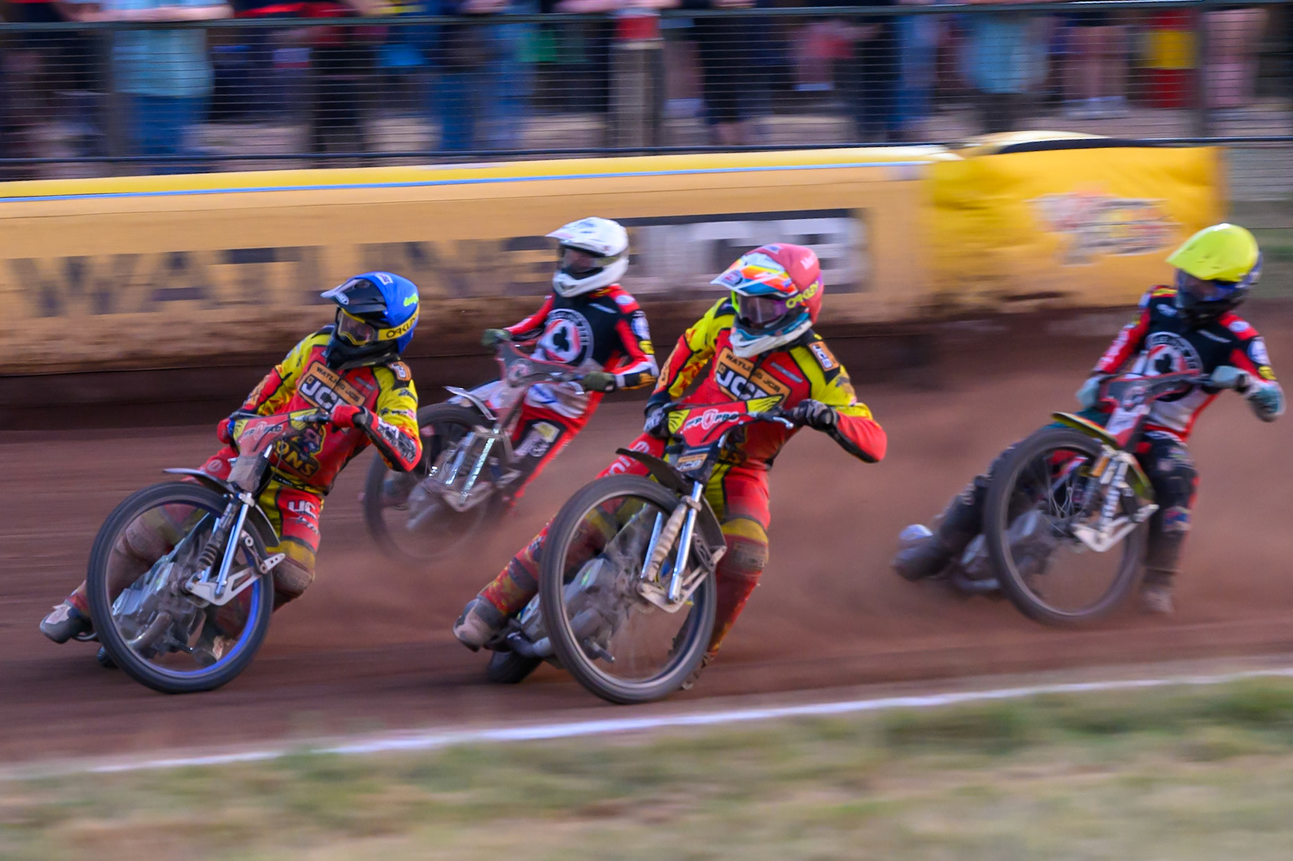 Ryan Douglas of Leicester Lions in Blue leading Nick Morris of Leicester Lions  in Red , Peter Kildemand of Belle Vue Aces in White  and Tate Zischke of Belle Vue Aces in Yellow  during the Rowe Motor Oil Premiership match between Leicester Lions and Belle Vue Aces at the Hydroscan Arena, Leicester on Thursday 23rd July 2026. (Photo: Ian Charles | MI News)