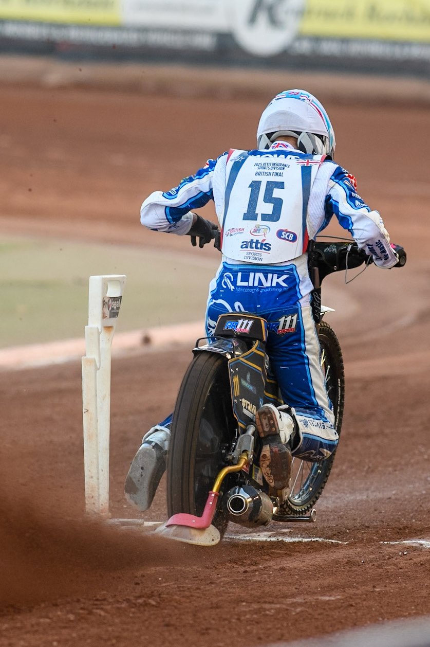 Anders Rowe leaves the start in heat 10 during the Attis Insurance Sports Division British Final at the National Speedway Stadium, Manchester on Monday 12th May 2025. (Photo: Ian Charles | MI News)
