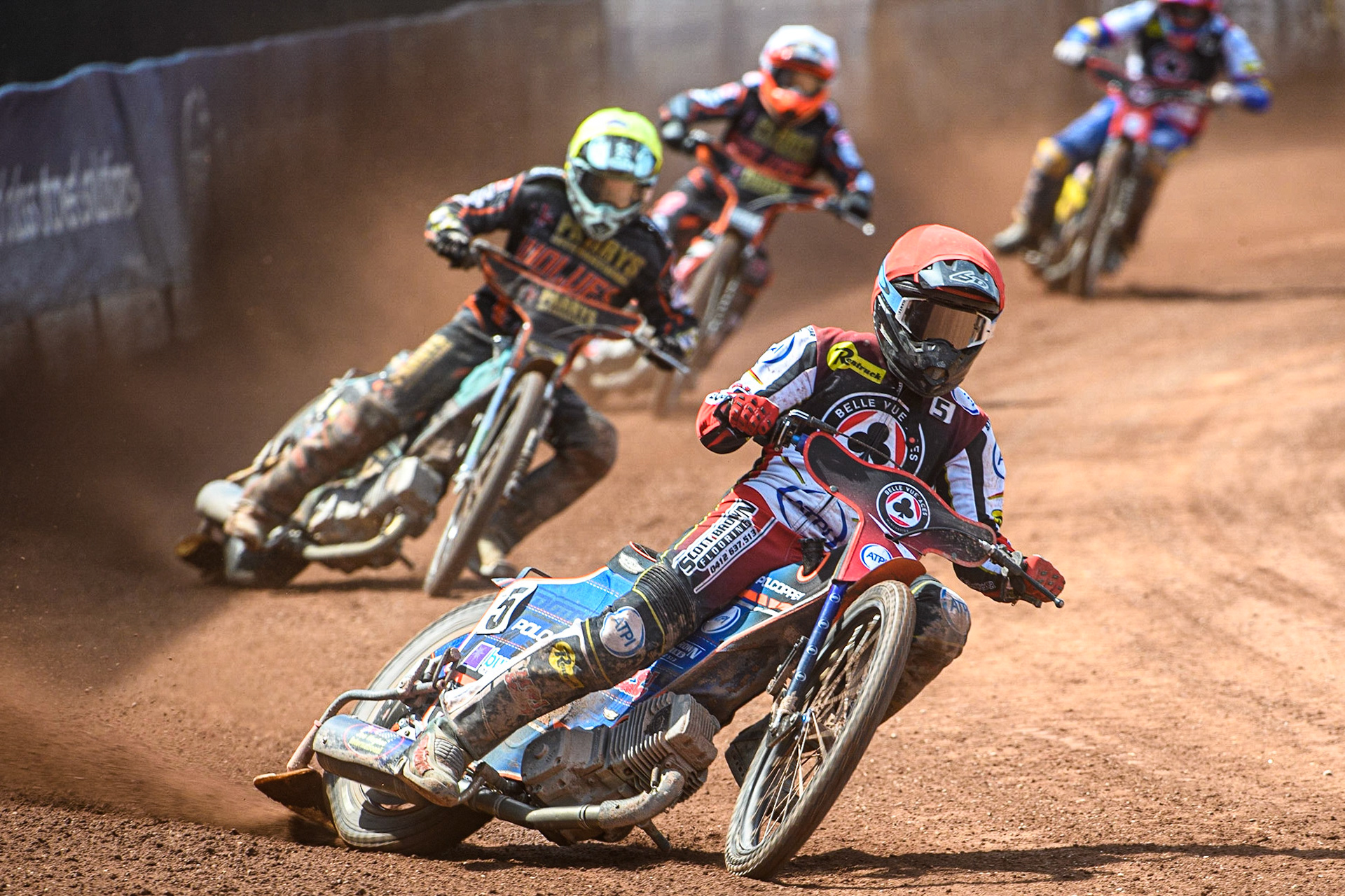 Brady Kurtz (Red) leads Ryan Douglas (Yellow) and Luke Becker (White) during the Sports Insure Premiership match between Belle Vue Aces and Wolverhampton Wolves at the National Speedway Stadium, Manchester on Monday 29th May 2023. (Photo: Ian Charles | MI News)