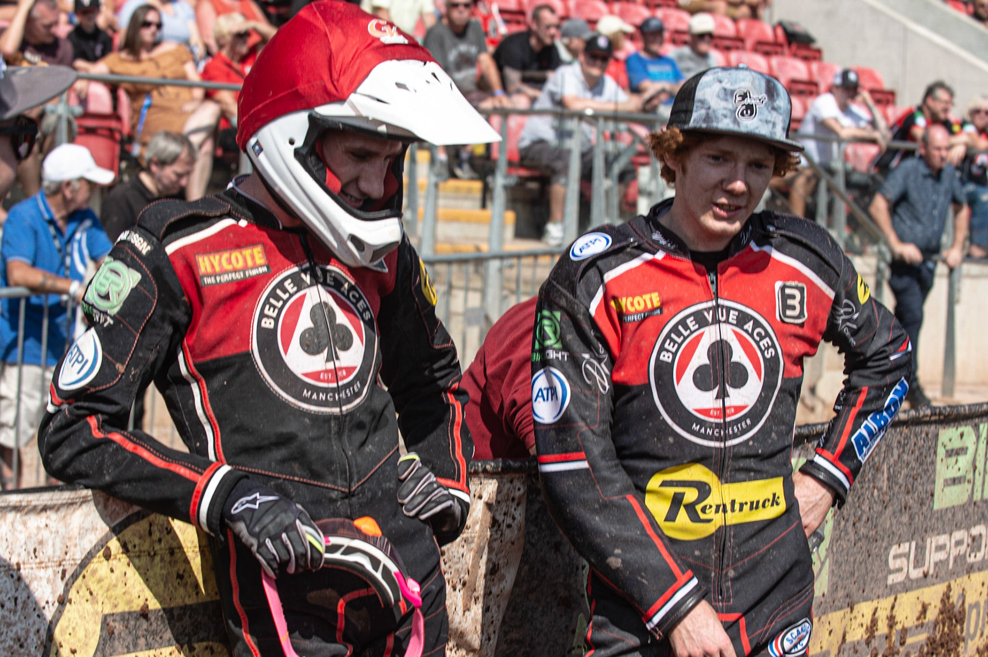 Photo: Ian Charles

Max Fricke  chats with Dan Bewley (right)

Belle Vue Aces v Kings Lynn Stars, British Speedway Premiership, Belle Vue National Speedway Stadium, Manchester, Monday 26  August  2019