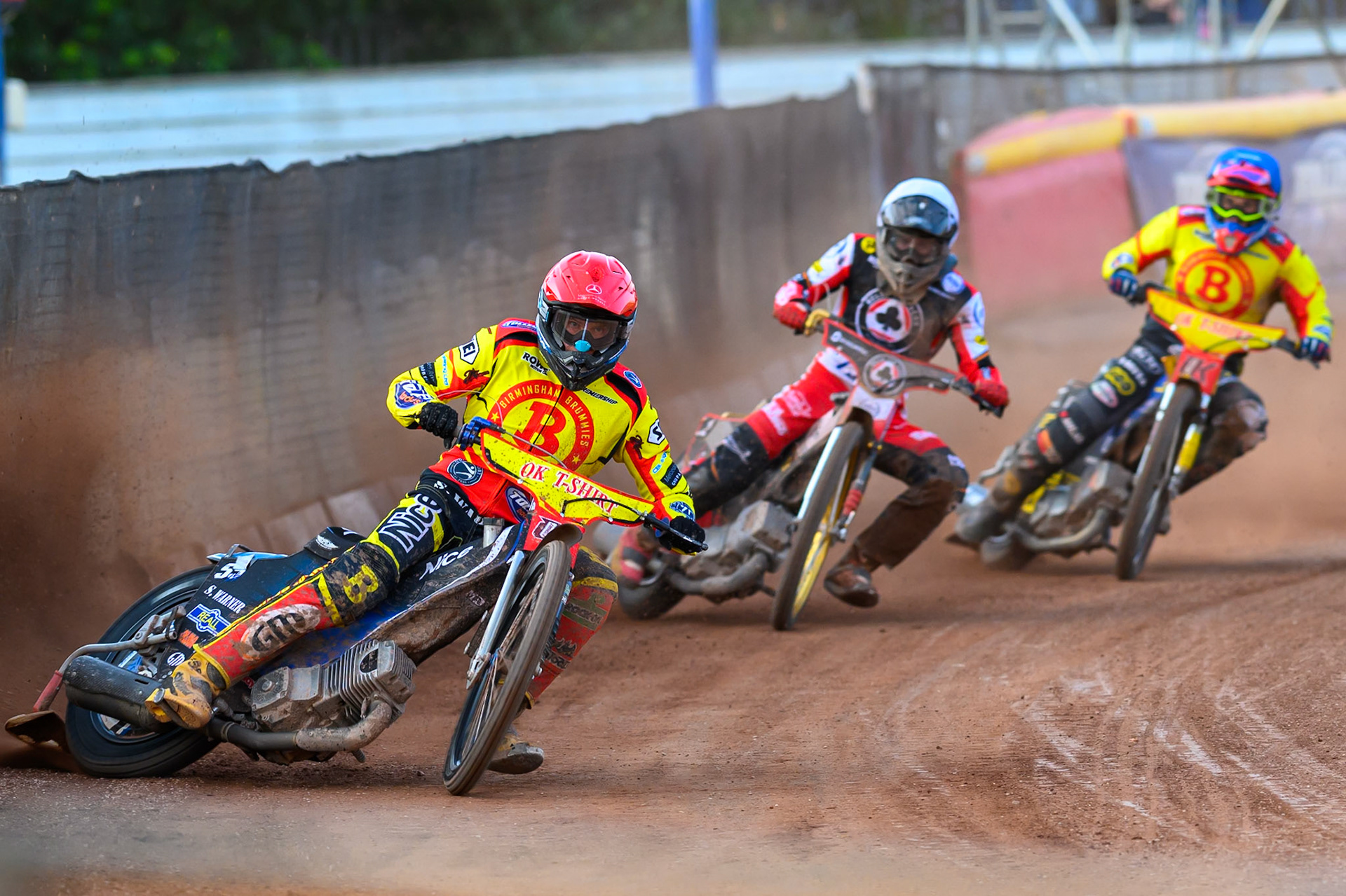 Birmingham Brummies' Matej Zagar in Red leading Belle Vue Aces' Norick Blodorn in White and Birmingham Brummies' Jonas Jeppesen in Blue during the Rowe Motor Oil Premiership match between Birmingham Brummies and Belle Vue Aces at Perry Bar Stadium, Birmingham on Monday 2nd June 2025. (Photo: Ian Charles | MI News)
