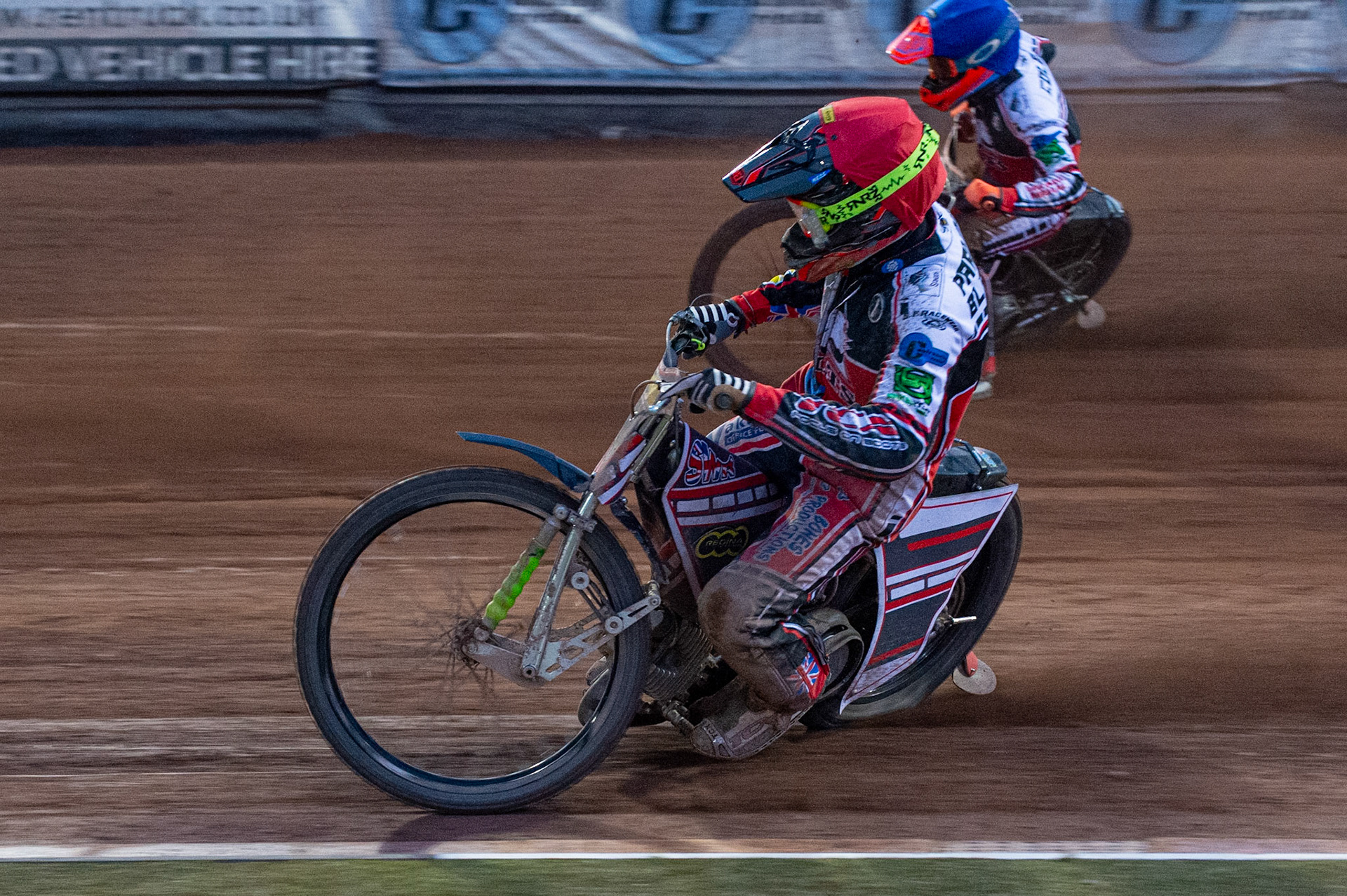 MANCHESTER, UK. JULY 2ND  Jack Parkinson-Blackburn  (Red) inside Connor Coles  (Blue) during the National Development League match between Belle Vue Colts and Kent Royals at the National Speedway Stadium, Manchester on Friday 2nd July 2021. (Credit: Ian Charles | MI News)