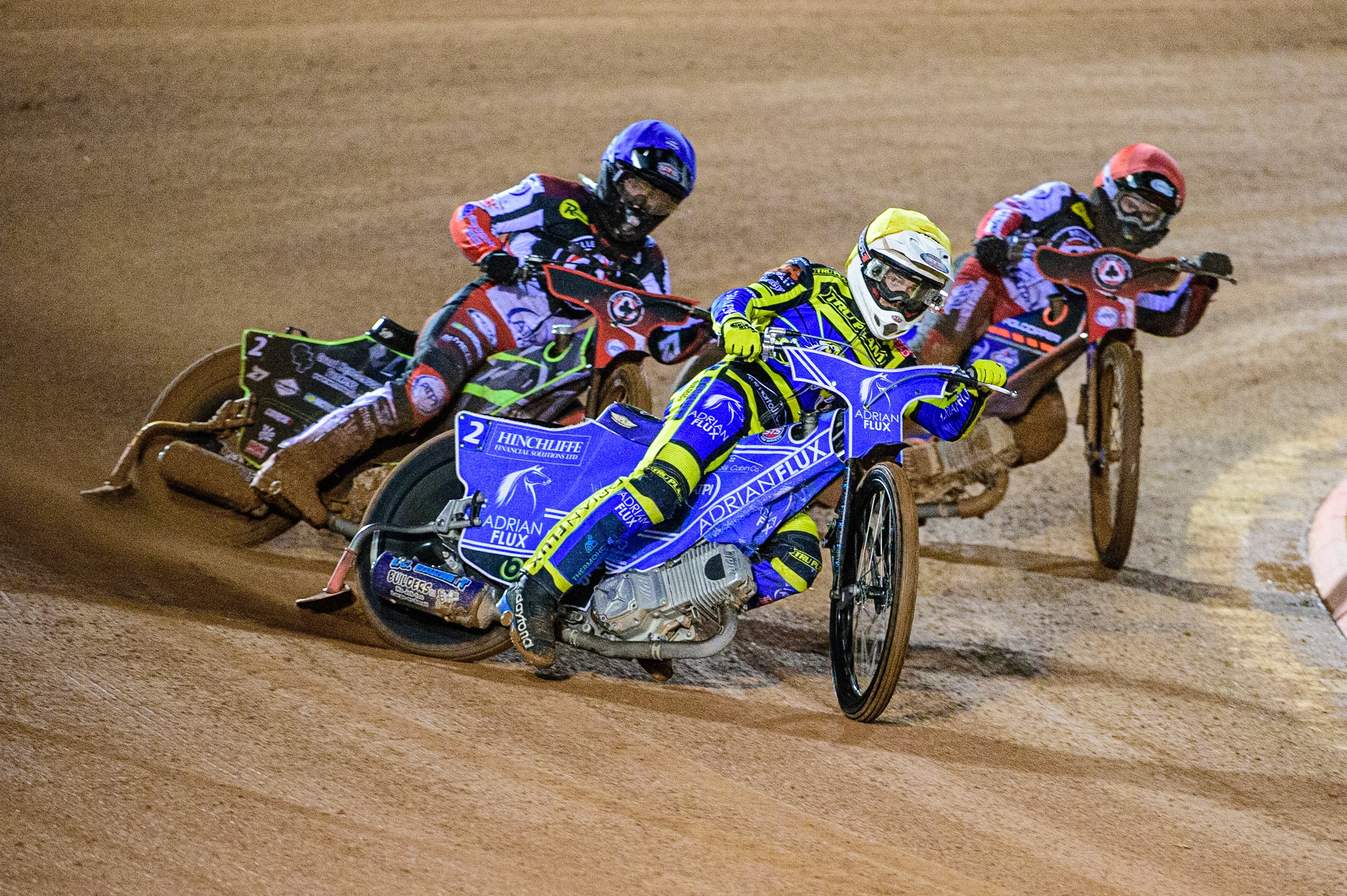 Lewis Kerr  (Yellow) leads Tom Brennan  (Blue) and Brady Kurtz  (Red) during the SGB Premiership Grand Final 1st leg between Belle Vue Aces and Sheffield Tigers at the National Speedway Stadium, Manchester on Monday 10th October 2022. (Credit: Ian Charles | MI News)