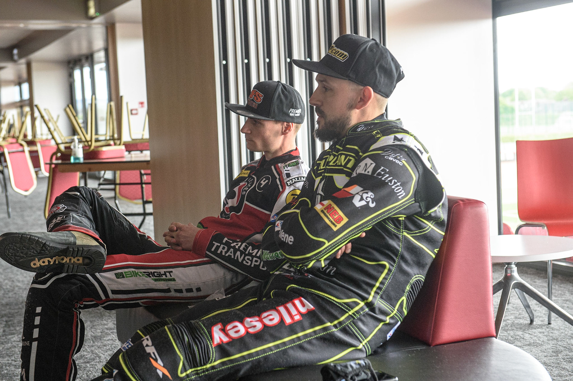 Photo: Ian CharlesSteve Worrall and Danny King relax in the Peter Craven suiteDiscovery Networks Eurosport Speedway Season Launch, National Speedway Stadium, Manchester Wednesday  12  May  2021