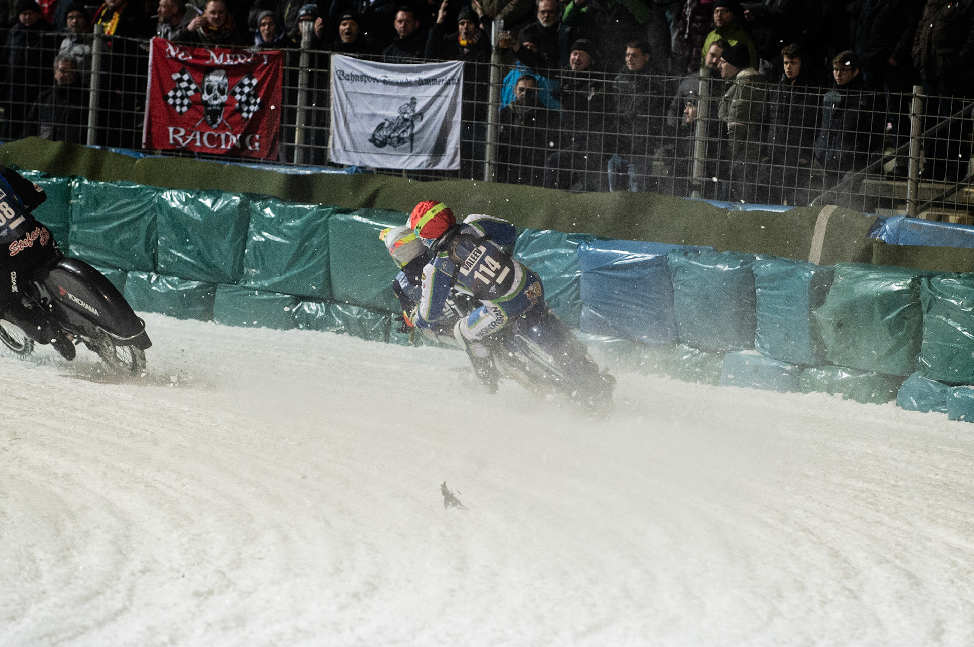 Photo: Ian Charles

Stefan Svensson (58) hits a rut inside Andrei Shishegov (181) and Dinar Valeev (114) causing Shishegov to fall

FIM Ice Speedway Gladiators World Championship, Final 3.1, Horst-Dohm Eisstadion, Berlin, Germany Saturday  2  March  2019