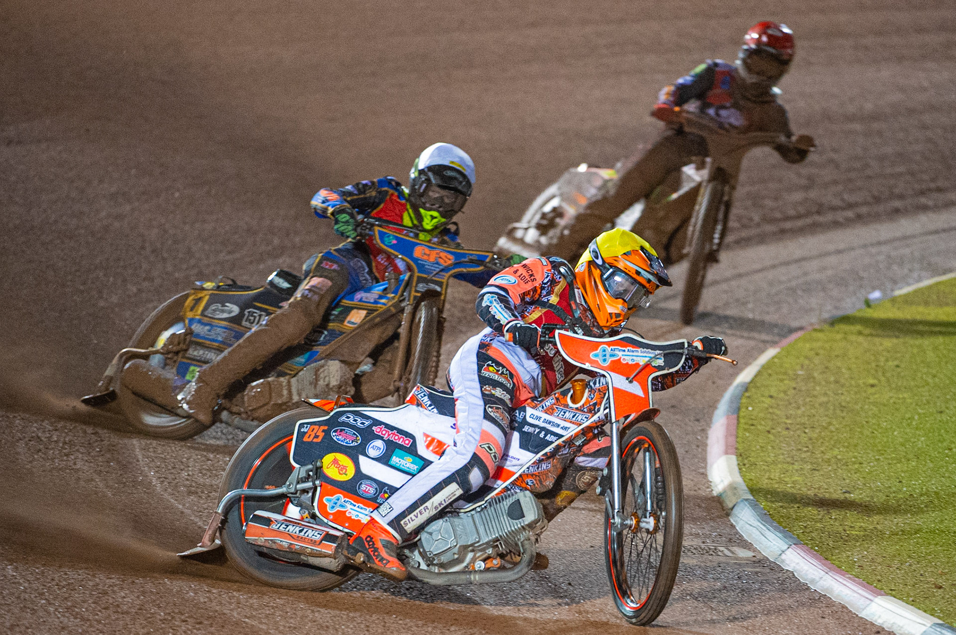 Photo: Ian Charles

Kent Kings  go for maximum points in the opening heat against Belle Vue Colts with Jordan Jenkins  (Yellow) and Anders Rowe (White) leading Jordan Palin  (Red)

Belle Vue Colts v Kent Kings, SGB National League Play Offs, Semi Final 1st Leg, Belle Vue National Speedway Stadium, Manchester, Friday 4  October  2019
