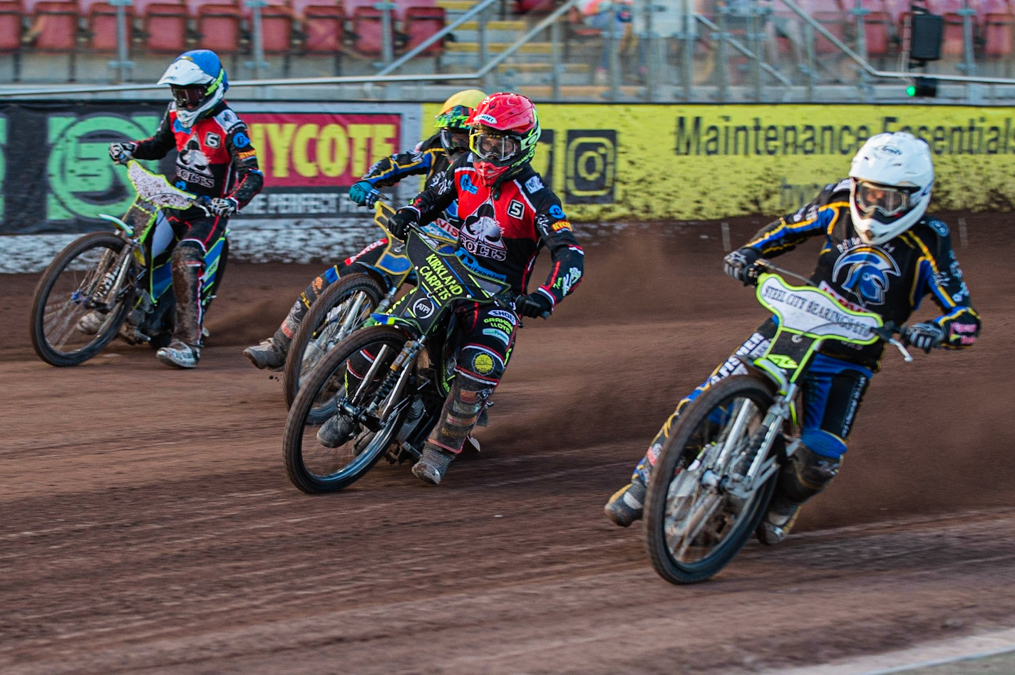 Photo: Ian Charles

Ben Wilson  (White) takes the inside line from Kyle Bickley  (Red), Adam Extance  (Yellow) and Ben Rathbone  (Blue)

Belle Vue Colts v Plymouth Gladiators National League, Belle Vue National Speedway Stadium, Manchester, Thursday 23  May  2019