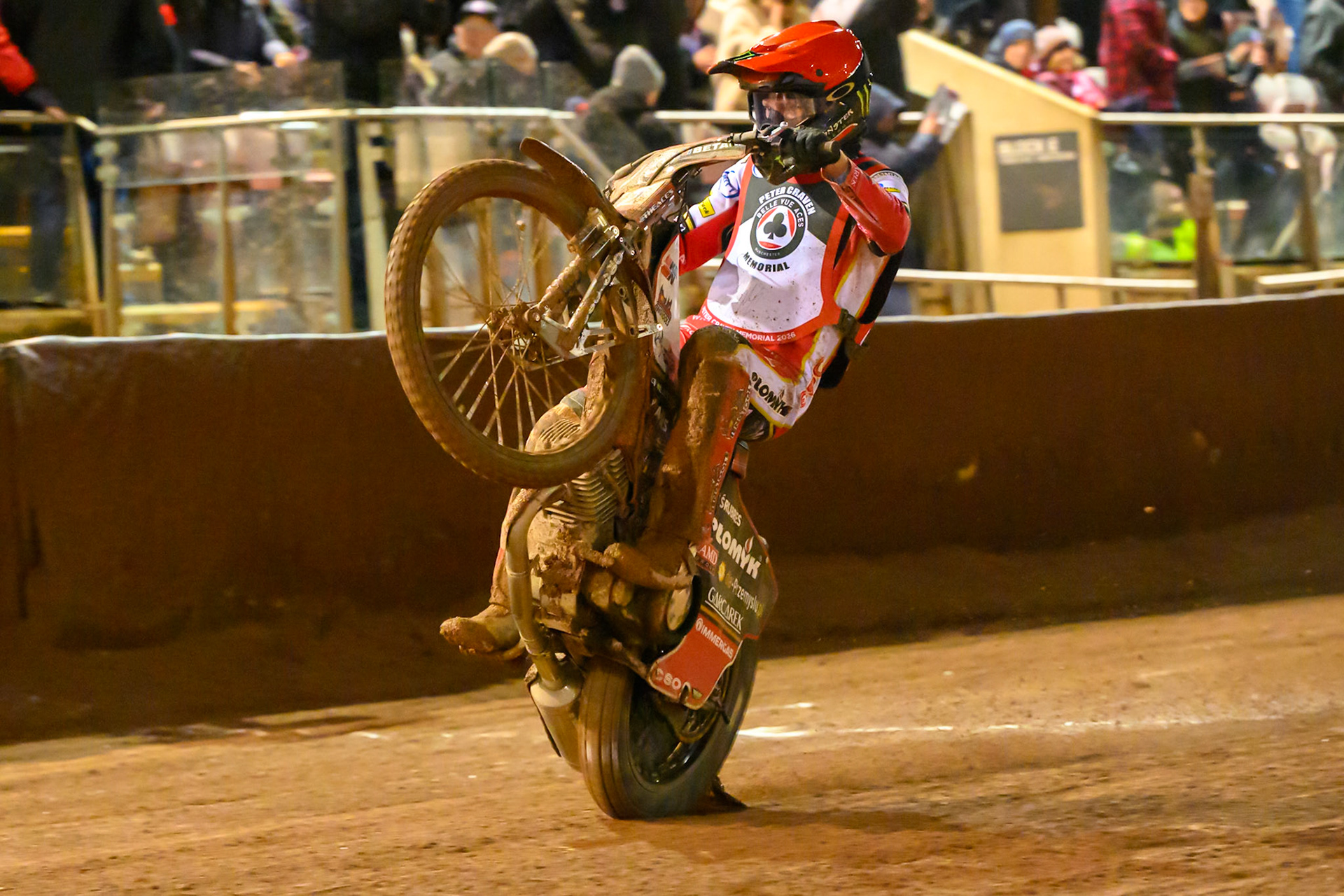 Dan Bewley  does a wheelie during the Peter Craven Memorial Trophy at the National Speedway Stadium, Manchester, on Monday 16th March 2026. (Photo: Ian Charles | MI News)