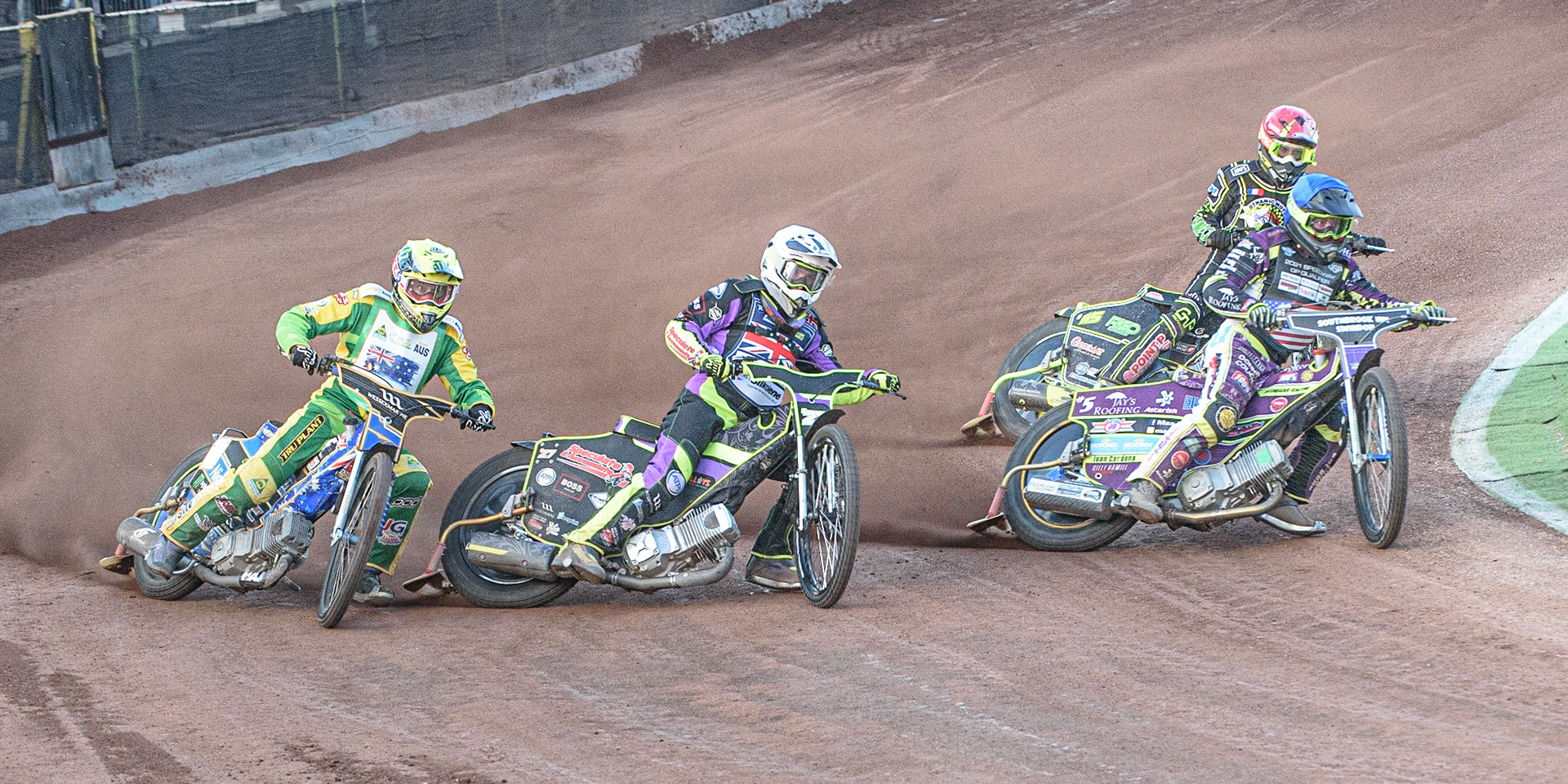 GLASGOW, UK. JUNE 19TH.  Max Ruml (USA) (Blue) leads Tom Brennan (Reserve) (Great Britain)(White) and Chris Holder (Australia) (Yellow) with Steven Goret (France) behind during the FIM Speedway Grand Prix Qualifying Round at the Peugeot Ashfield Stadium, Glasgow on Saturday 19th June 2021. (Credit: Ian Charles | MI News)