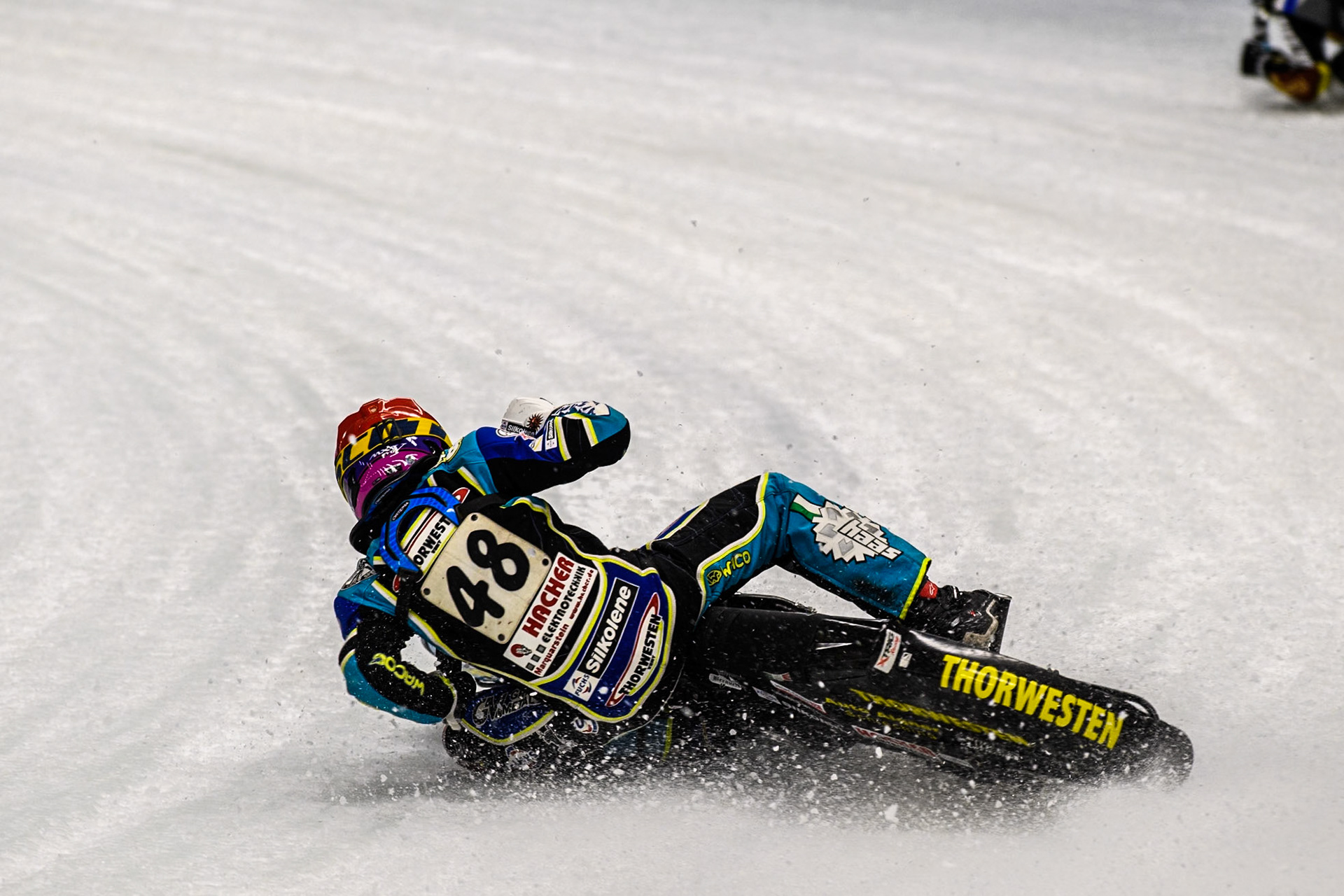 Luca Bauer (48) of Germany spins and leaves the track during the Ice Speedway Gladiators World Championship Final 1 at Max-Aicher-Arena, Inzell on Saturday 15th March 2025. (Photo: Ian Charles | MI News)