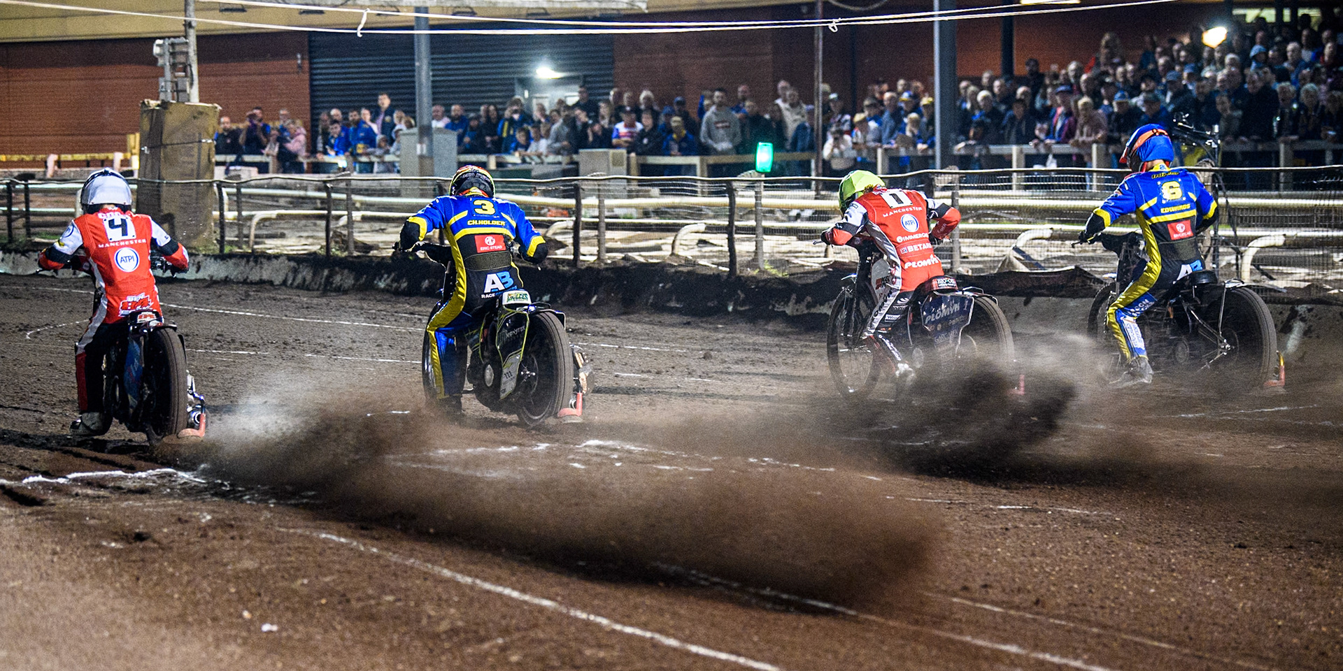 Start of the final heat: (L to R) Belle Vue Aces' Ben Cook  in White, Sheffield Tigers' Chris Holder  in Red, Belle Vue Aces' Dan Bewley   in Yellow and Sheffield Tigers' Jason Edwards  in Blue during the Rowe Motor Oil Premiership match between Sheffield Tigers and Belle Vue Aces at Owlerton Stadium, Sheffield on Monday 26th August 2024. (Photo: Ian Charles | MI News)