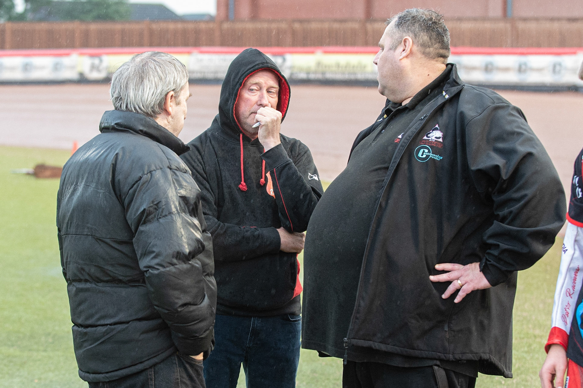 Photo: Ian Charles

Managers meeting: (l-r) Graham Goodwin (belle Vue Colts), Chris Hunt (Kent) and Steve Williams (Belle Vue Colts) on the track

Belle Vue Colts v Kent Kings, SGB National League, Belle Vue National Speedway Stadium, Manchester, Thursday 1  August  2019