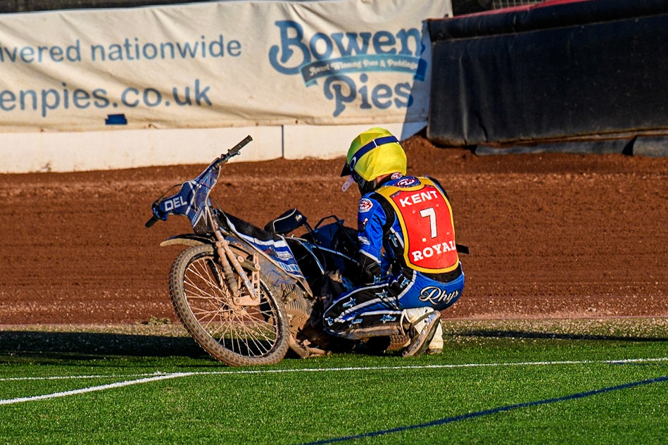 Rhys Naylor checks his machine after his stoppage during the National Development League match between Belle Vue Colts and Kent Royals at the National Speedway Stadium, Manchester on Friday 7th July 2023. (Photo: Ian Charles | MI News)