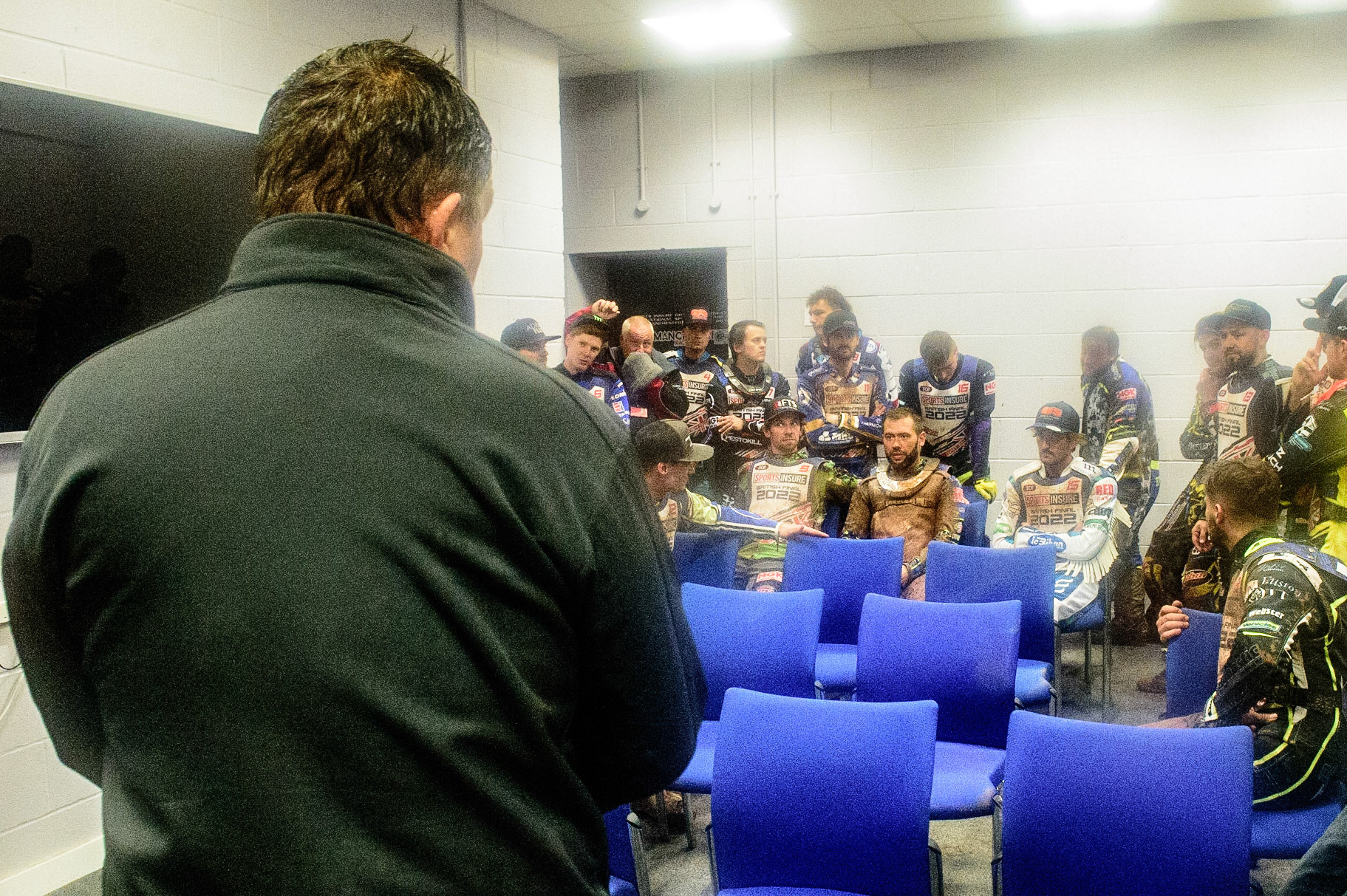 Rob Godfrey addresses the riders during the Sports Insure British Speedway Championship Final at the National Speedway Stadium, Bellevue, Manchester, England on Monday 1st August 2022. (Photo by: Ian Charles | MI News)