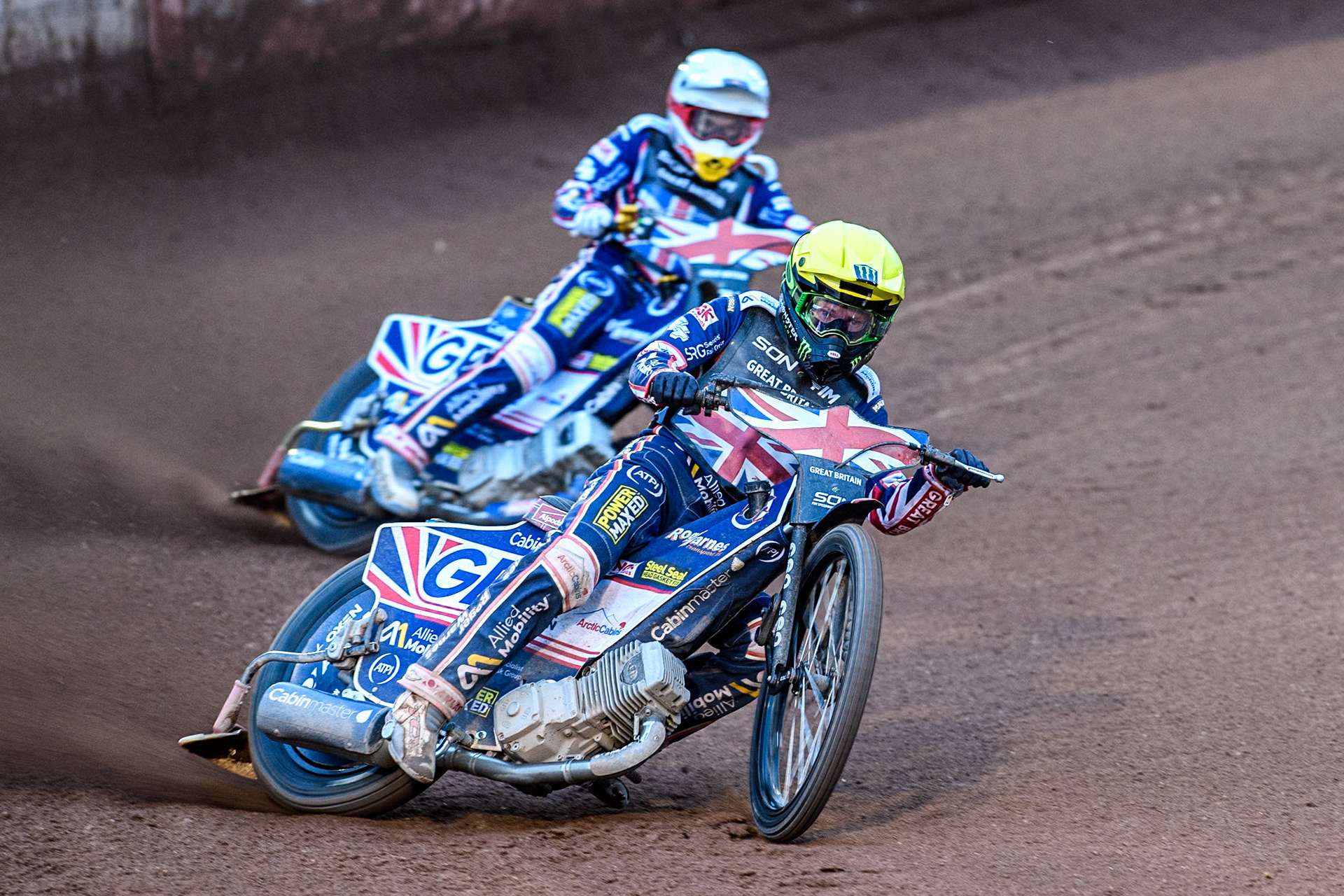 Dan Bewley of Great Britain in Yellow leading team mate Robert Lambert in White during the Monster Energy FIM Speedway of Nation Final at the National Speedway Stadium, Manchester on Saturday 13th July 2024. (Photo: Ian Charles | MI News)