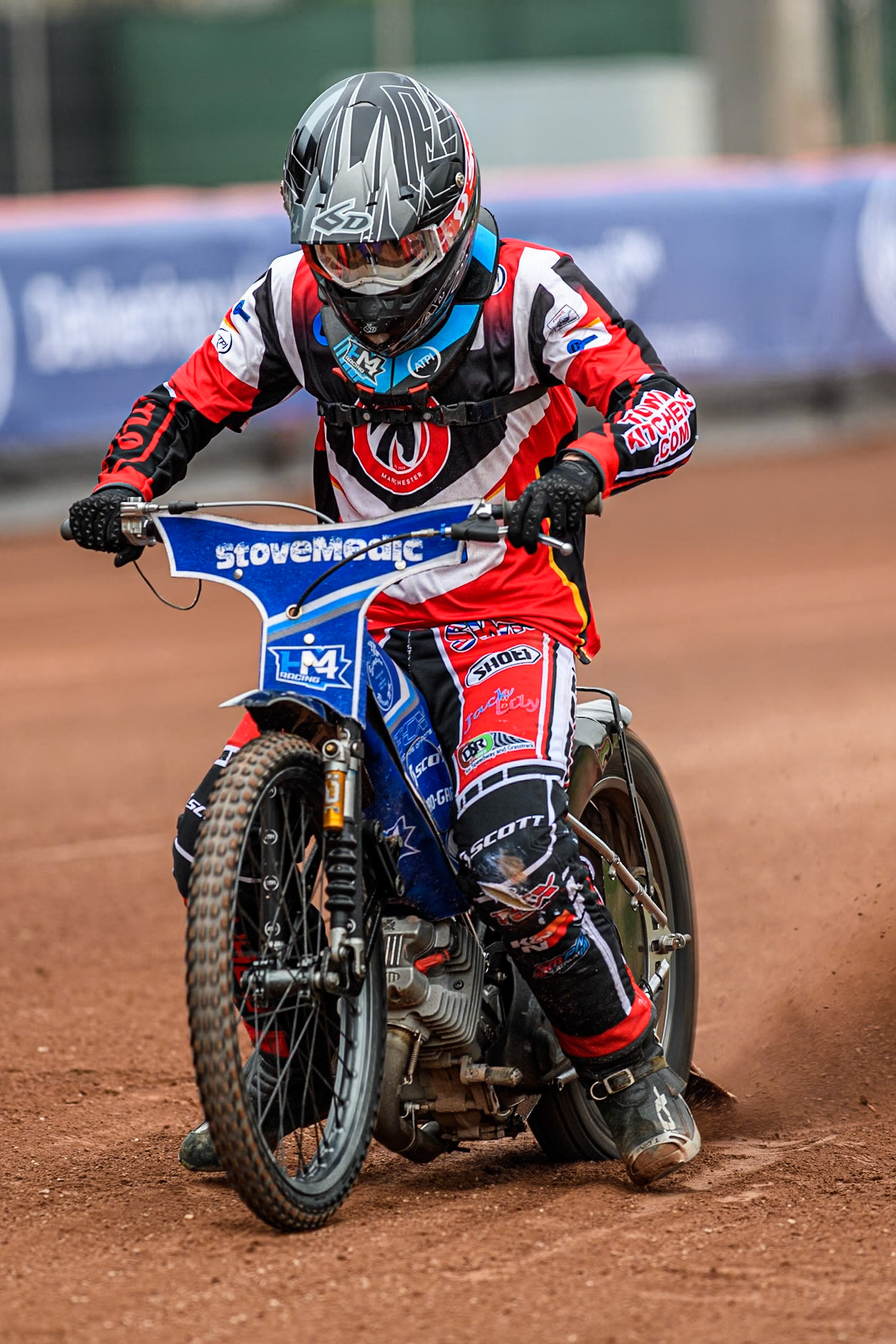 Belle Vue Colts' rider Harry McGurk does a practice start during the Belle Vue Aces Media Day at the National Speedway Stadium, Manchester on Monday 11th March 2024. (Photo: Ian Charles | MI News)