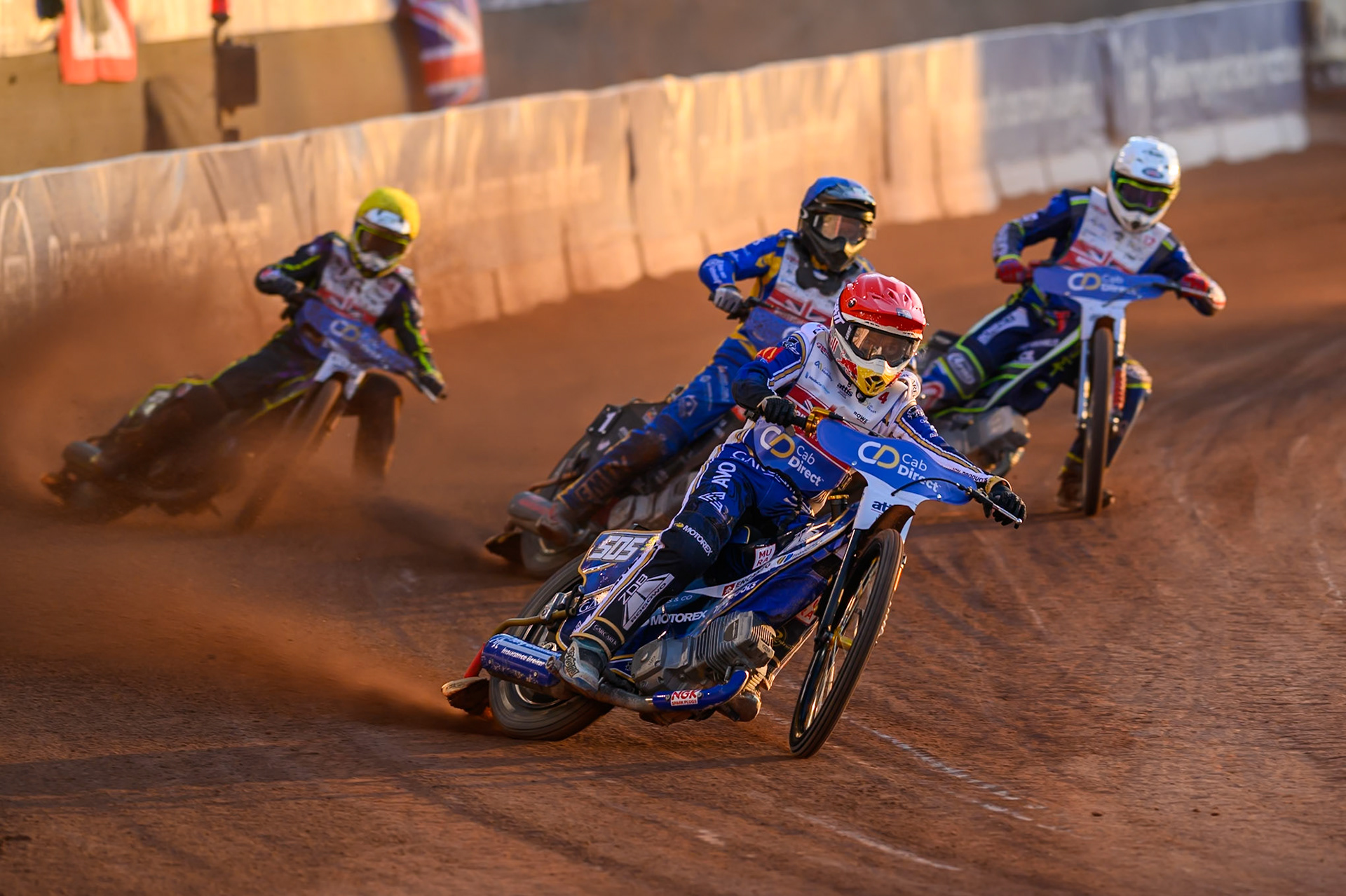 Robert Lambert (4) in Red leading Dan Thompson (8) in Blue , Tom Brennan (16) in Yellow  and Jake Mulford (12) in White during the Cab Direct British Speedway Championship Final at the National Speedway Stadium, Manchester on Saturday 15th August 2026. (Photo: Ian Charles | MI News)