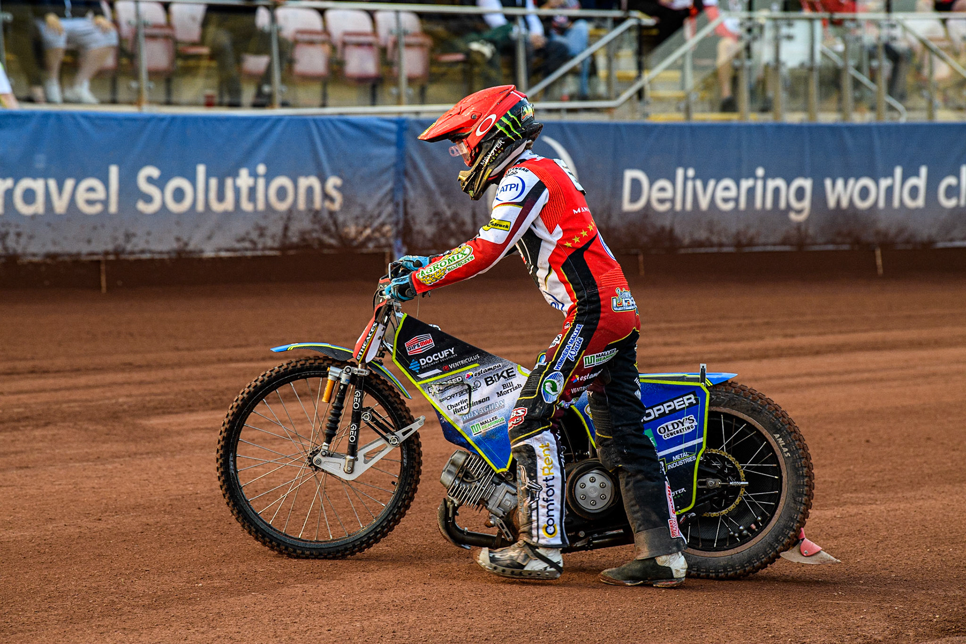 Jaimon Lidsey pushes his bike back to the pits during the Sports Insure Premiership match between Belle Vue Aces and Ipswich Witches at the National Speedway Stadium, Manchester on Monday 17th July 2023. (Photo: Ian Charles | MI News)