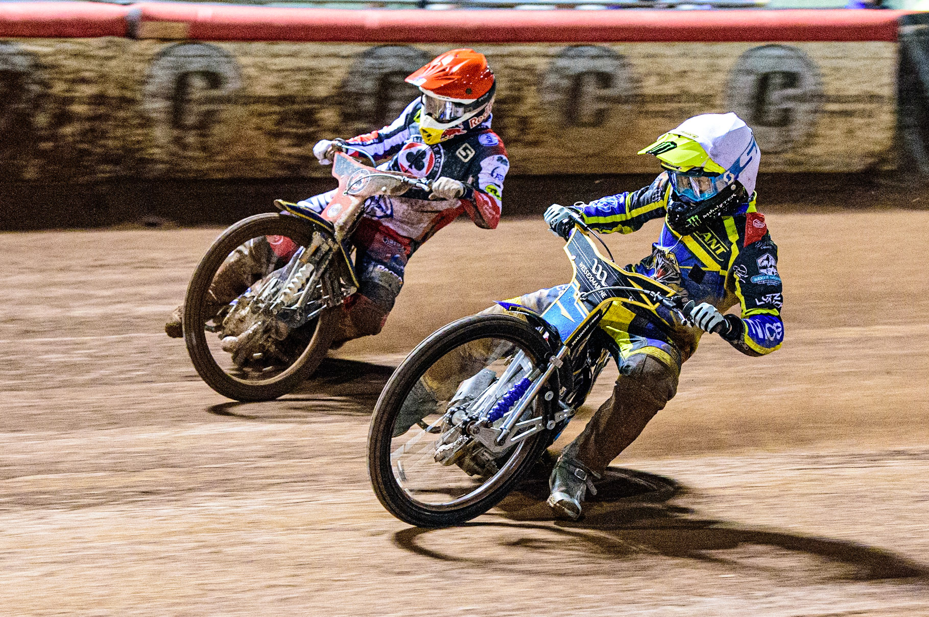 Jack Holder  (White) inside Robert Lambert  (Red) during the SGB Premiership Grand Final 1st leg between Belle Vue Aces and Sheffield Tigers at the National Speedway Stadium, Manchester on Monday 10th October 2022. (Credit: Ian Charles | MI News)