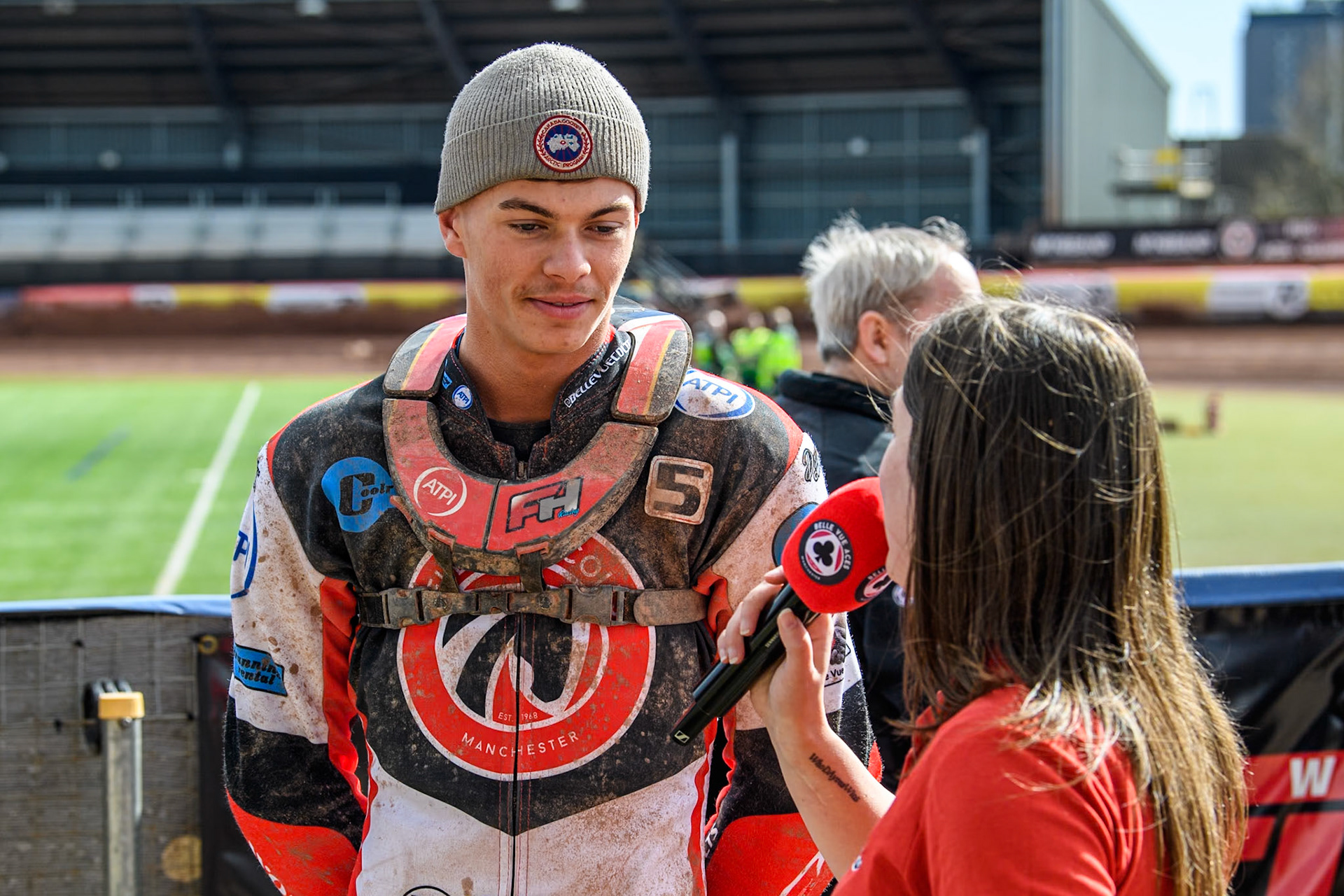 Belle Vue Colts' Freddy Hodder is interviewed by Meeting Presenter Hayley Bromley during the WSRA National Development League match between Belle Vue Colts and Leicester Lion Cubs at the National Speedway Stadium, Manchester on Friday 29th March 2024. (Photo: Ian Charles | MI News)