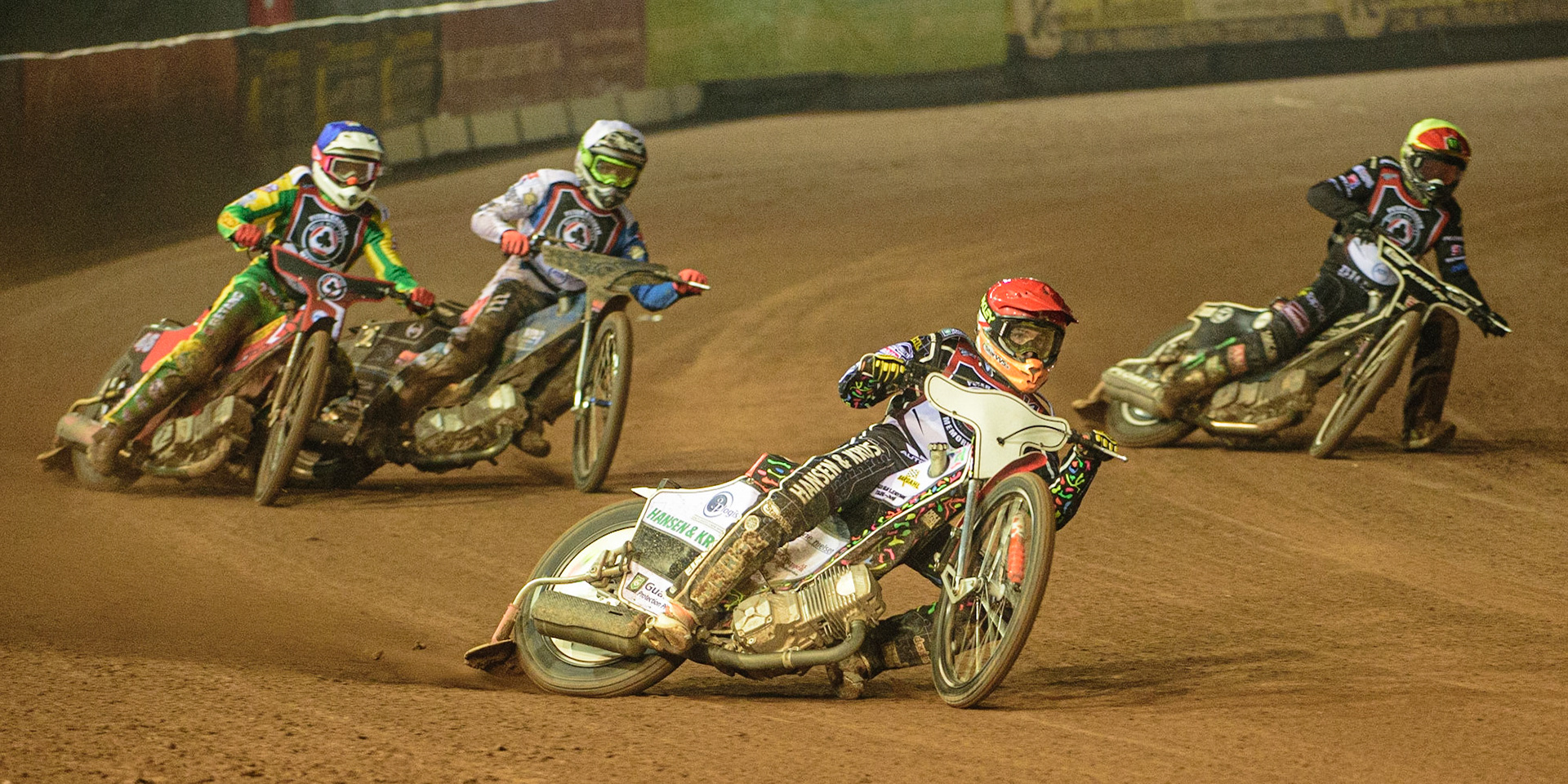 MANCHESTER, UK. MAR 21ST. Niels-Kristian Iversen (Red) leads Max Fricke (Blue) Adam Ellis  (White) and Tai Woffinden (White) during the ATPI Peter Craven Memorial Trophy at the National Speedway Stadium, Manchester on Monday 21st March 2022. (Credit: Ian Charles | MI News)