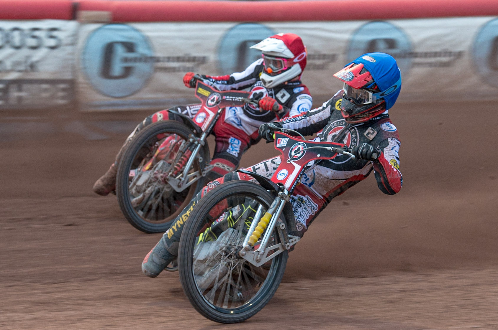 MANCHESTER, UK. JUN 13TH Jye Etheridge  (Blue) inside team mate Max Fricke  (Red) during the SGB Premiership match between Belle Vue Aces and Wolverhampton  Wolves at the National Speedway Stadium, Manchester on Monday 13th June 2022. (Credit: Ian Charles | MI News)