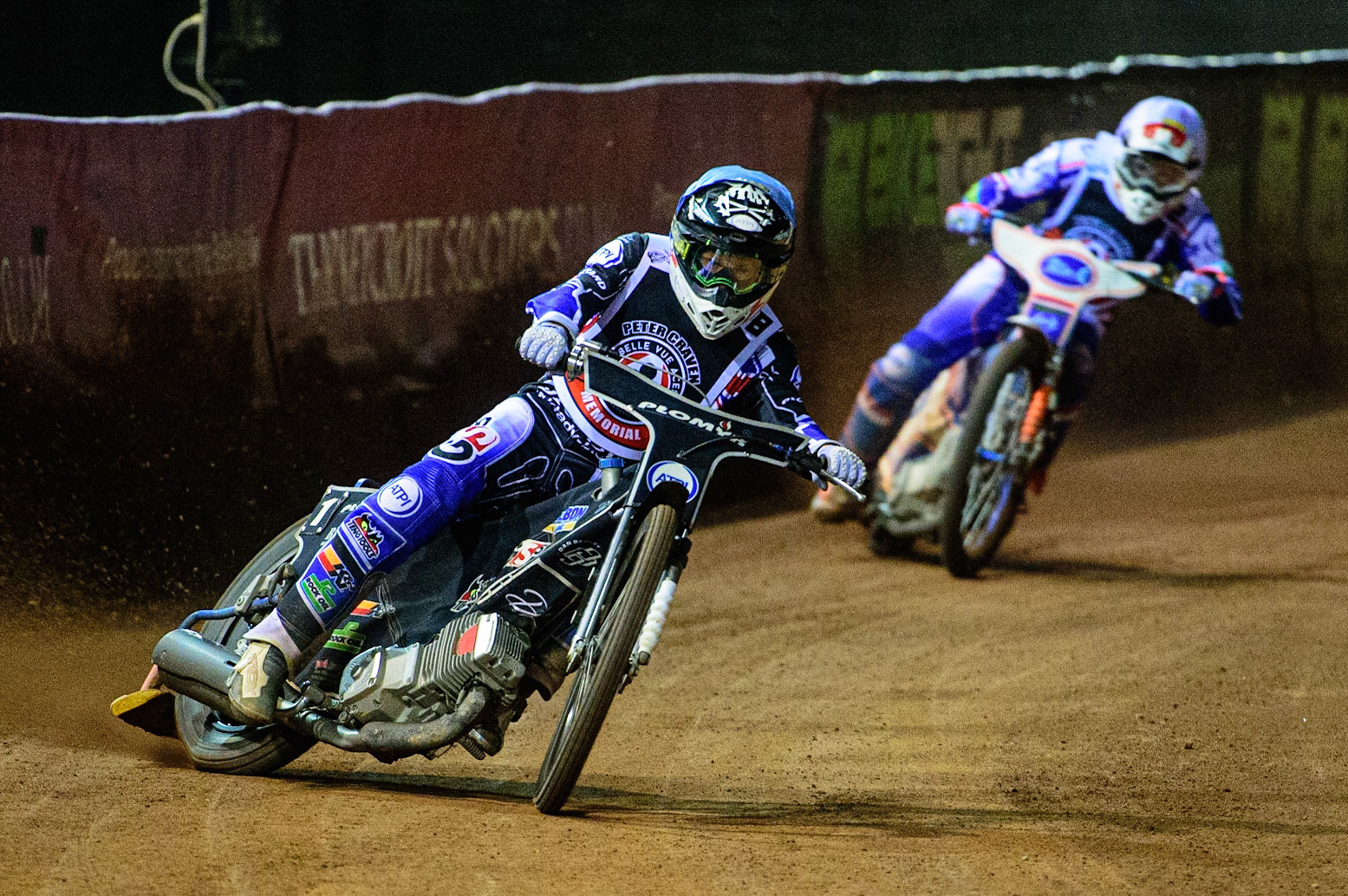 MANCHESTER, UK. OCT 23RD  Dan Bewley  (Blue) leads Jason Crump  (White) during the Peter Craven Memorial Trophy event at the National Speedway Stadium, Manchester on Saturday 23rd October 2021. (Credit: Ian Charles | MI News)