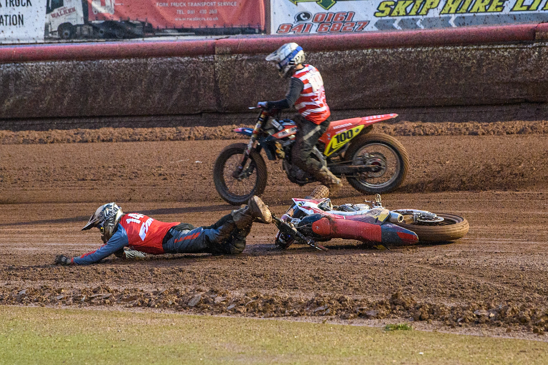 Vittorio Emanuele Marzotto (148) from Italy spins out and falls during the FIM World Flat Track Championship Round 1 at the National Speedway Stadium, Manchester on Saturday 5th August 2023. (Photo: Ian Charles | MI News)