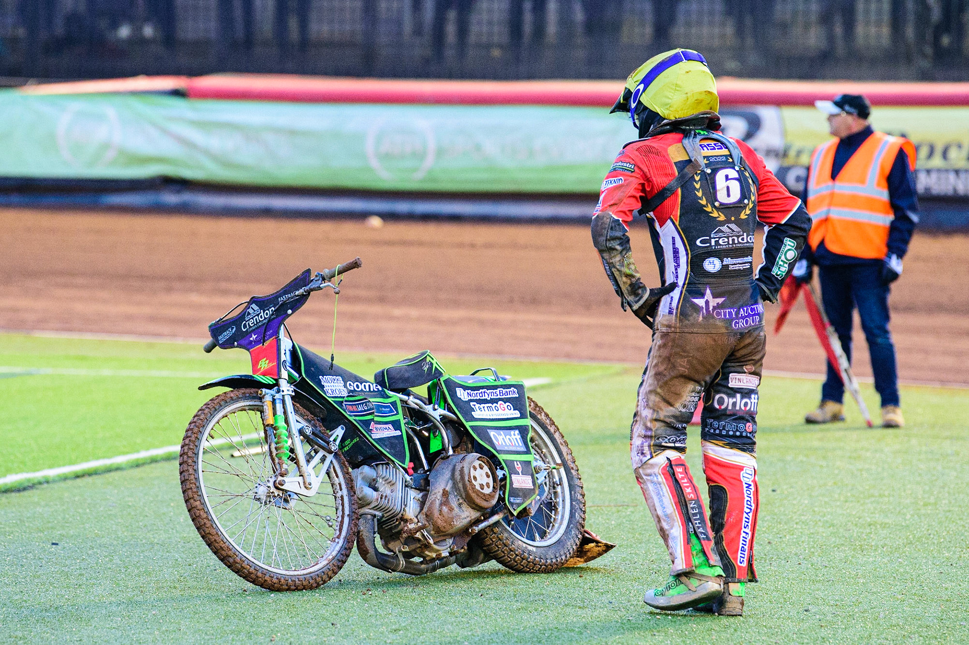 Benjamin Basso  with his bike on the centre after his fall during heat 9 during the SGB Premiership match between Belle Vue Aces and Peterborough at the National Speedway Stadium, Manchester on Monday 25th July 2022. (Credit: Ian Charles | MI News