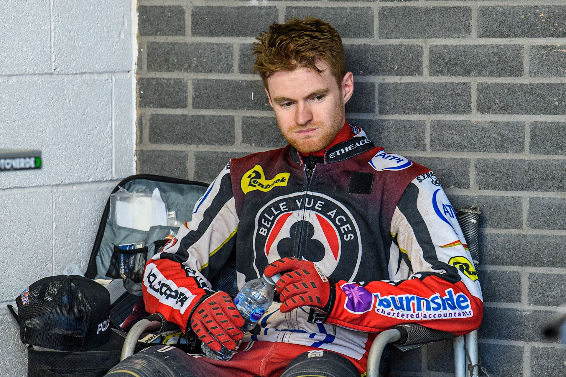 Brady Kurtz relaxes between heats during the Sports Insure Premiership match between Belle Vue Aces and Wolverhampton Wolves at the National Speedway Stadium, Manchester on Monday 3rd July 2023. (Photo: Ian Charles | MI News)