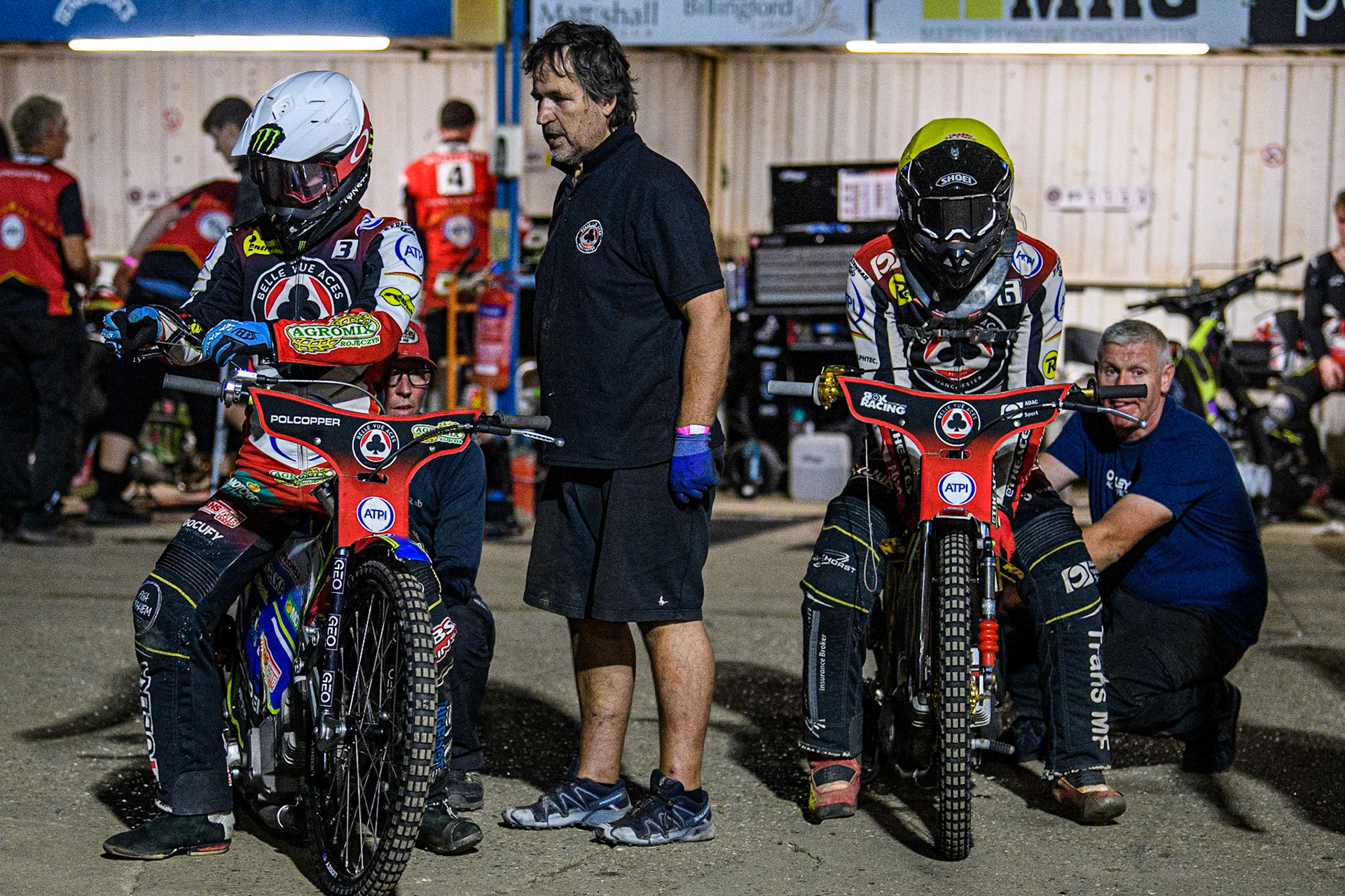 Jaimon Lidsey  (Left) and Norick Blodorn prepare for their next heat during the Sports Insure Premiership match between King's Lynn Stars and Belle Vue Aces at the Adrian Flux Arena, King's Lynn on Thursday 24th August 2023. (Photo: Ian Charles | MI News)
