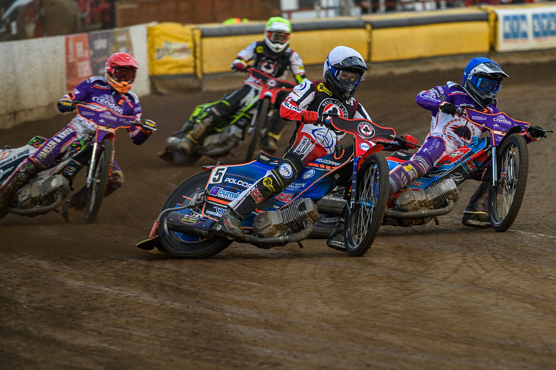 Brady Kurtz (White) leads Ben Cook (Blue), Niels-Kristian Iversen (Red) and Keynan Rew (Yellow) during the Sports Insure Premiership match between Peterborough and Belle Vue Aces at East of England Showground, Peterborough on Monday 26th June 2023. (Photo: Ian Charles | MI News)