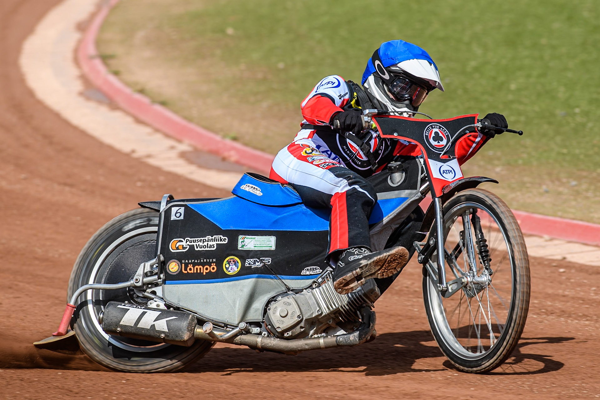 Belle Vue Aces' Antti Vuolas  in action during the Rowe Motor Oil Premiership match between Belle Vue Aces and Sheffield Tigers at the National Speedway Stadium, Manchester on Monday 26th August 2024. (Photo: Ian Charles | MI News)