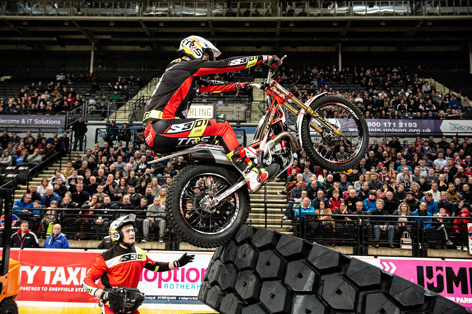 SHEFFIELD, ENGLAND  - DECEMBER 28TH  Toby Martyn, UK (Beta) on the tyres on Section 5  during the 25th Anniversary Sheffield Indoor Trial at the FlyDSA Arena, Sheffield on Saturday 28th December 2019. (Credit: Ian Charles | MI News)