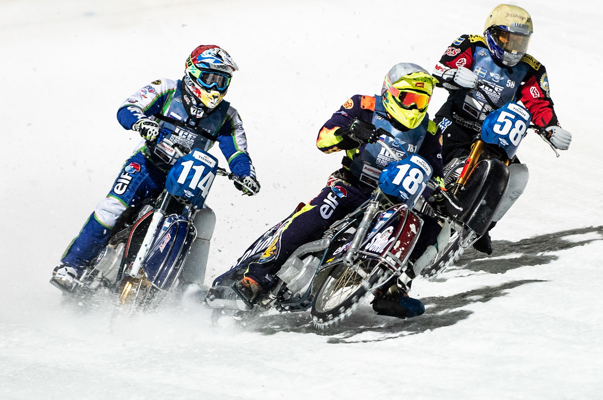 Photo: Ian Charles

Andrei Shishegov (181) splits Dinar Valeev (114) and Stefan Svensson (58)

FIM Ice Speedway Gladiators World Championship, Final 3.1, Horst-Dohm Eisstadion, Berlin, Germany Saturday  2  March  2019