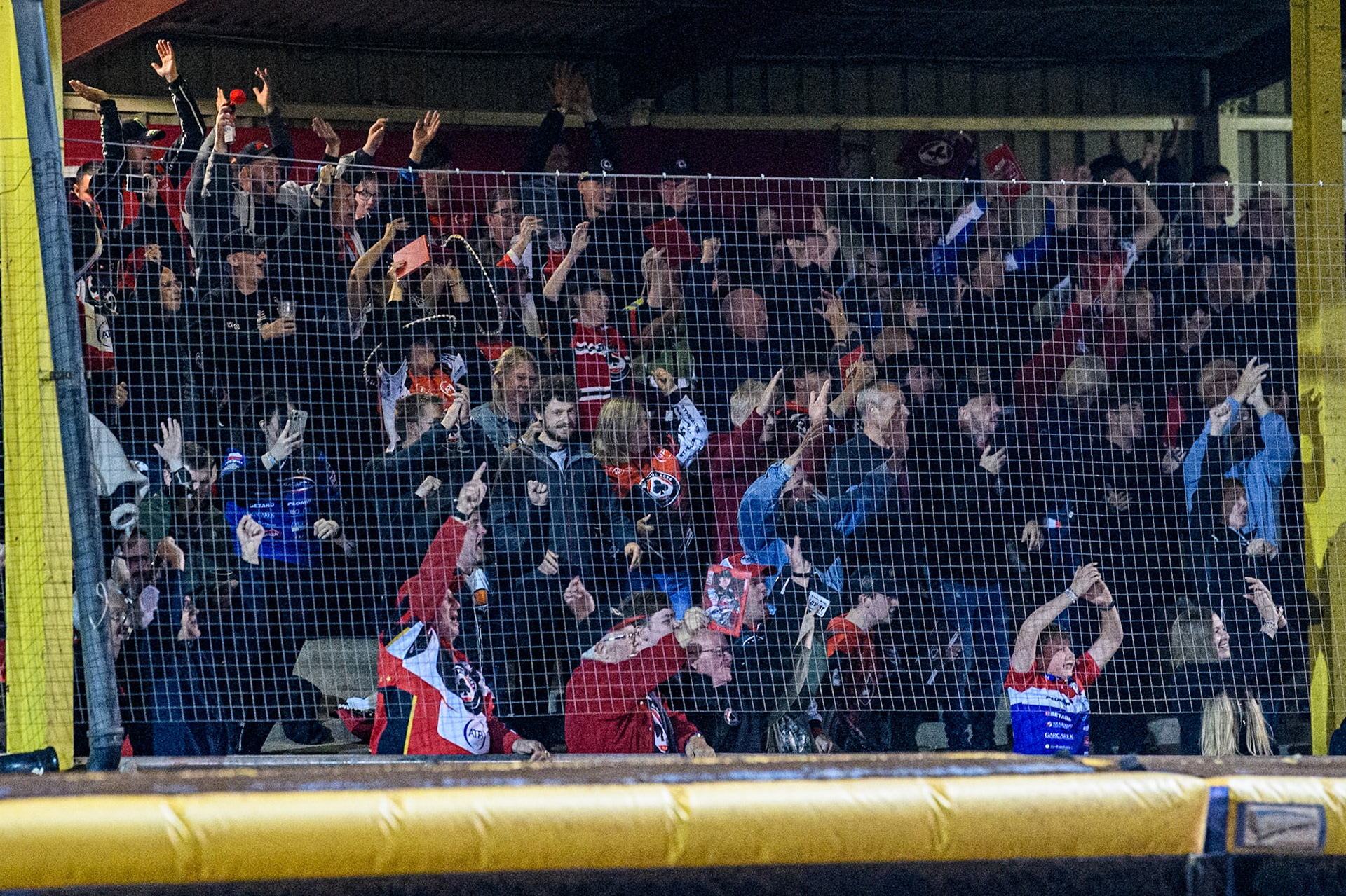 Belle Vue fans celebrate during the Rowe Motor Oil Premiership Play Off Semi Final 2nd leg between Sheffield Tigers and Belle Vue Aces at Owlerton Stadium, Sheffield on Thursday 19th September 2024. (Photo: Ian Charles | MI News)
