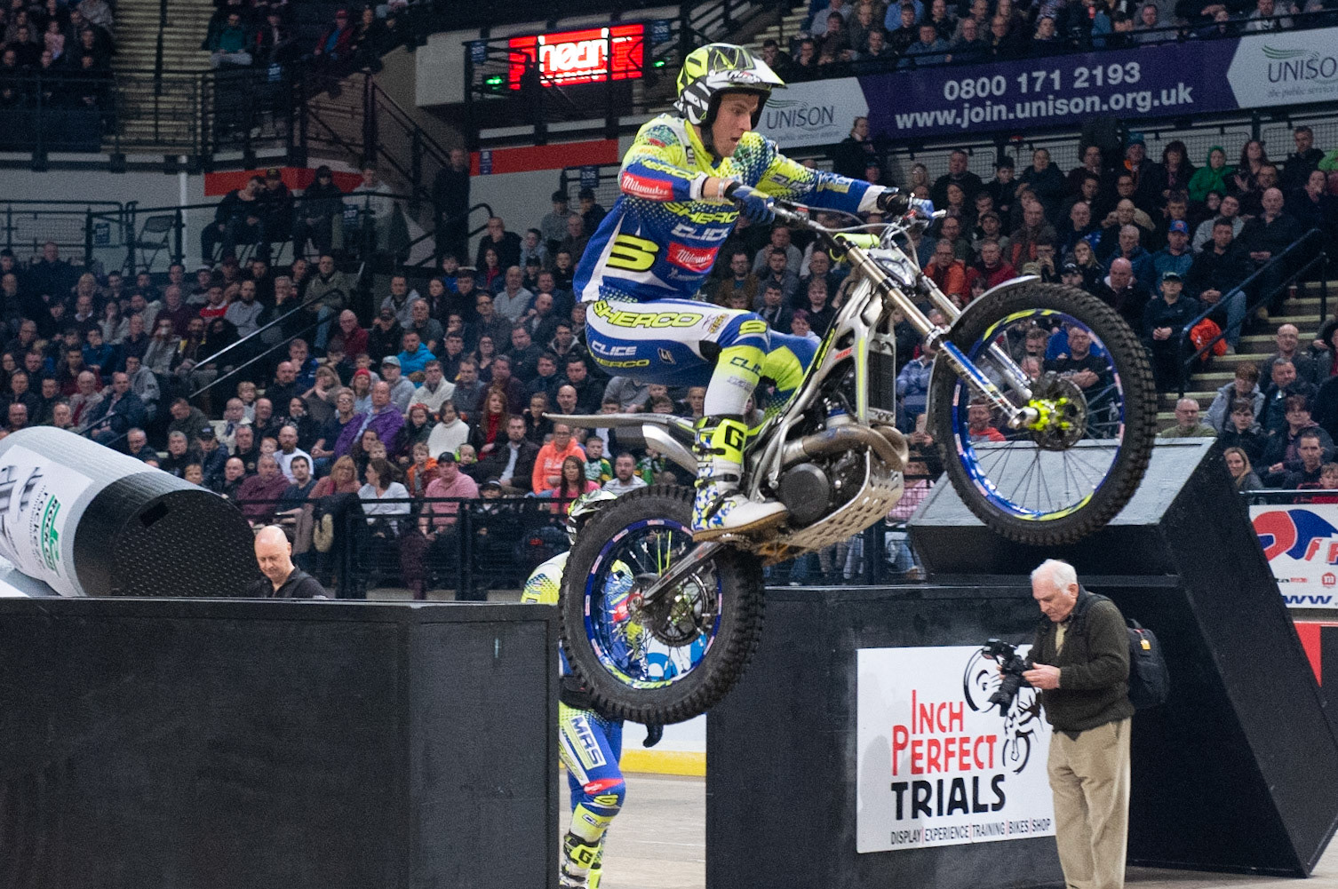 SHEFFIELD, ENGLAND  - DECEMBER 28TH  Dan Peace, UK (Sherco) leaps off the obstacle  during the 25th Anniversary Sheffield Indoor Trial at the FlyDSA Arena, Sheffield on Saturday 28th December 2019. (Credit: Ian Charles | MI News)